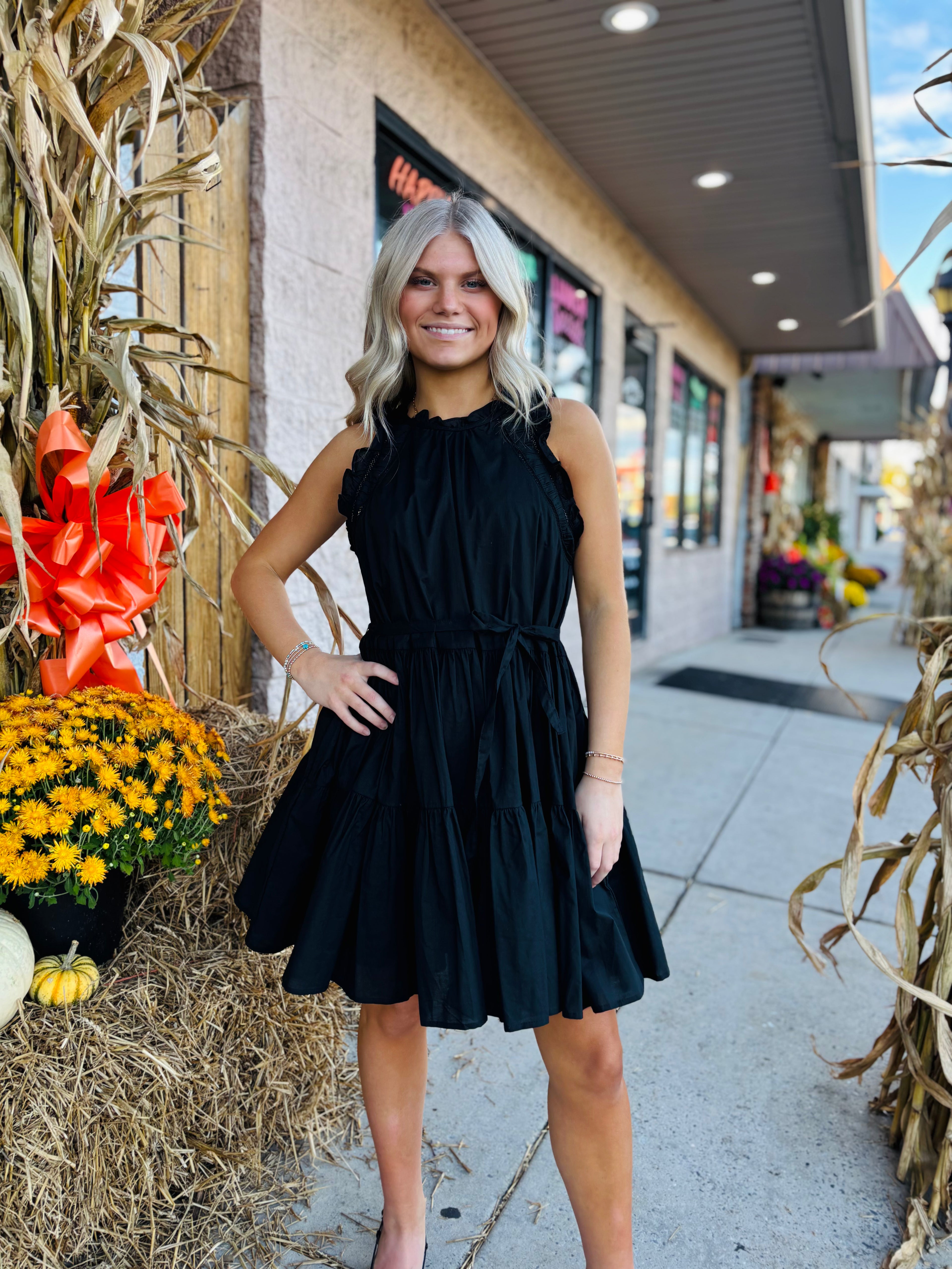 SKIES ARE BLUE BLACK POPLIN RUFFLE SLVE DRESS XS