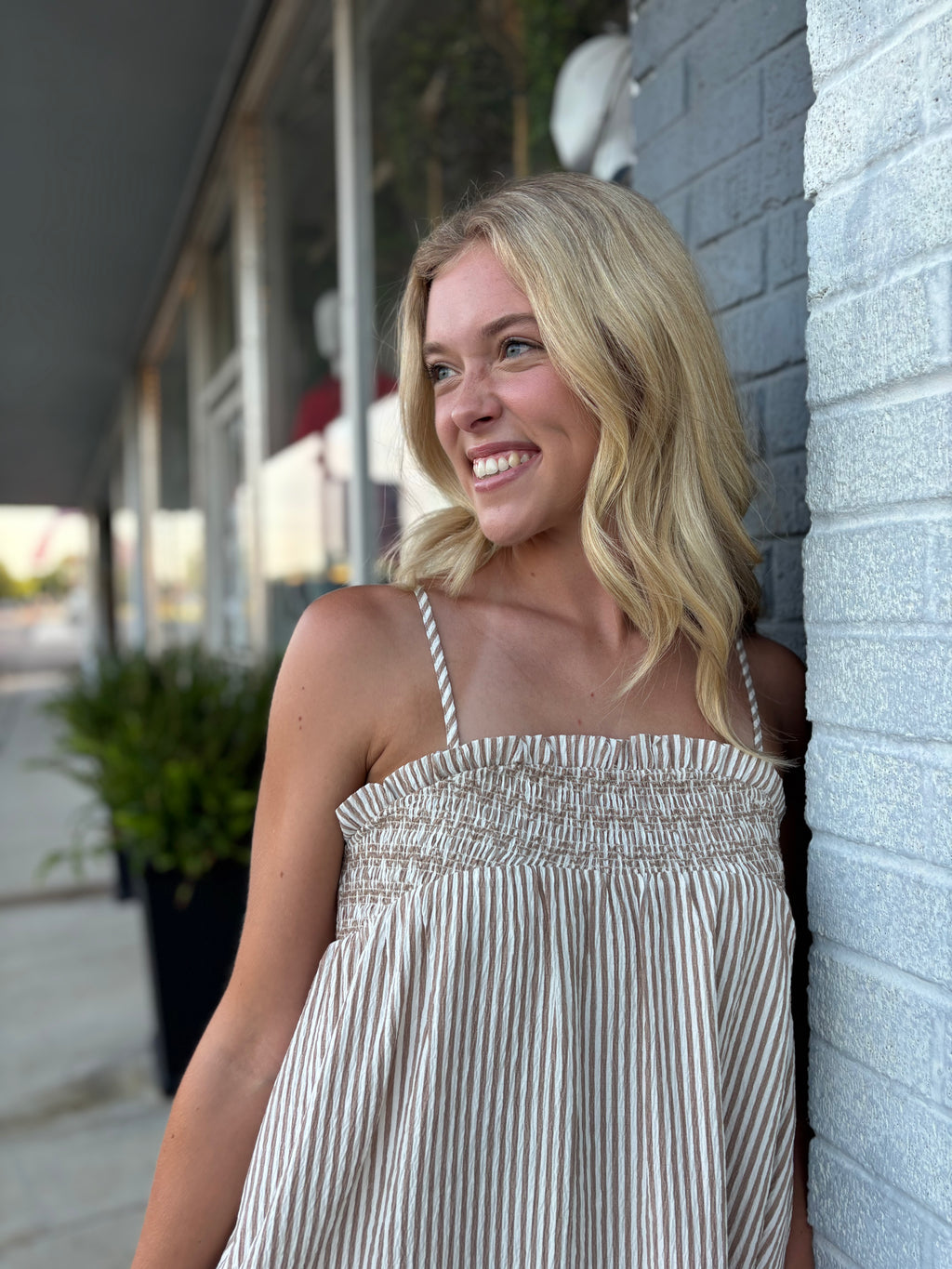 EMBROIDERED SMOCKED STRIPED TUNIC MAXI DRESS : BROWN