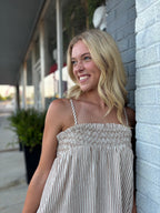 EMBROIDERED SMOCKED STRIPED TUNIC MAXI DRESS : BROWN