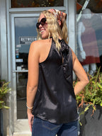 BLACK Satin High Neck Halter Blouse