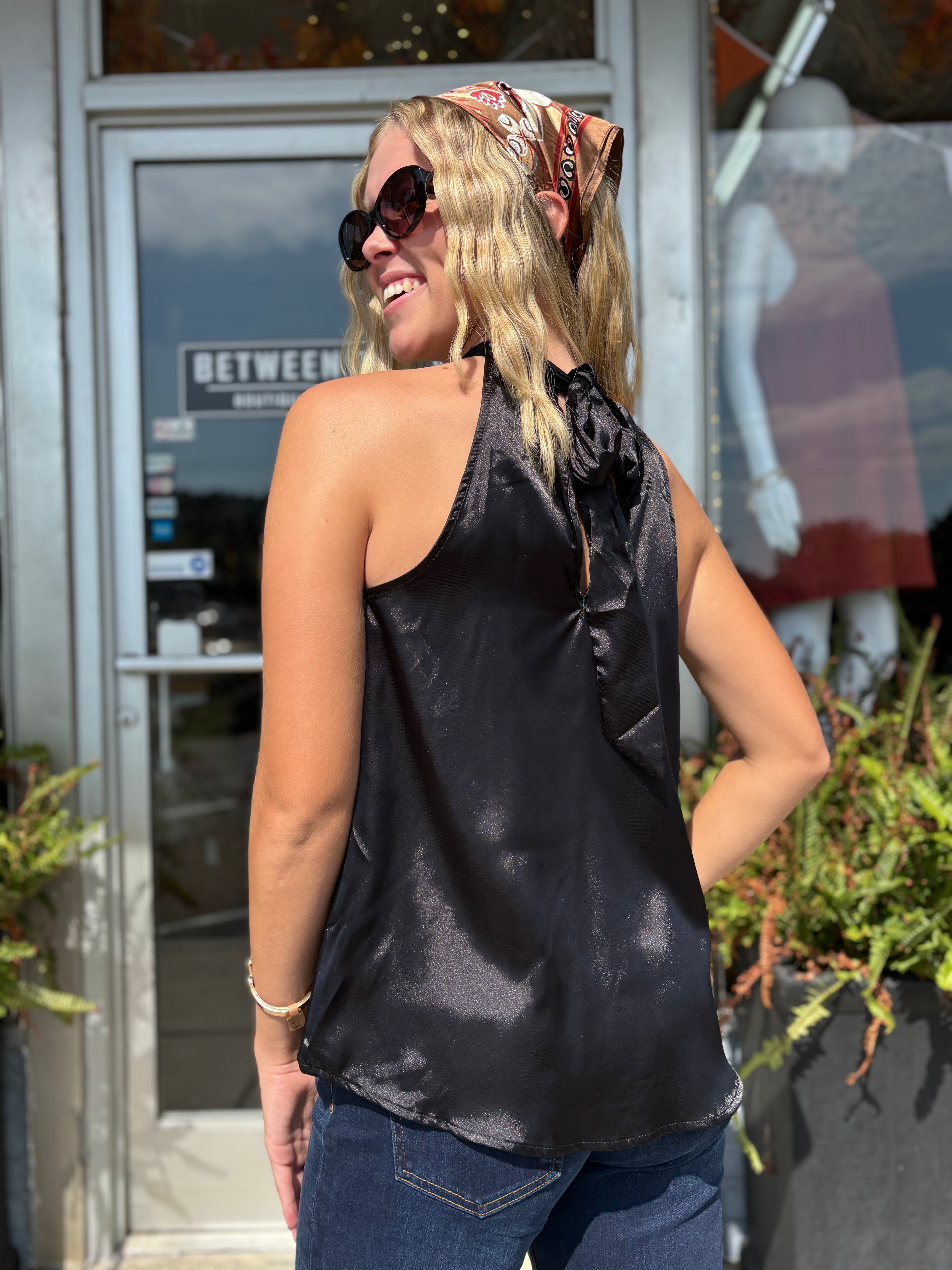 BLACK Satin High Neck Halter Blouse