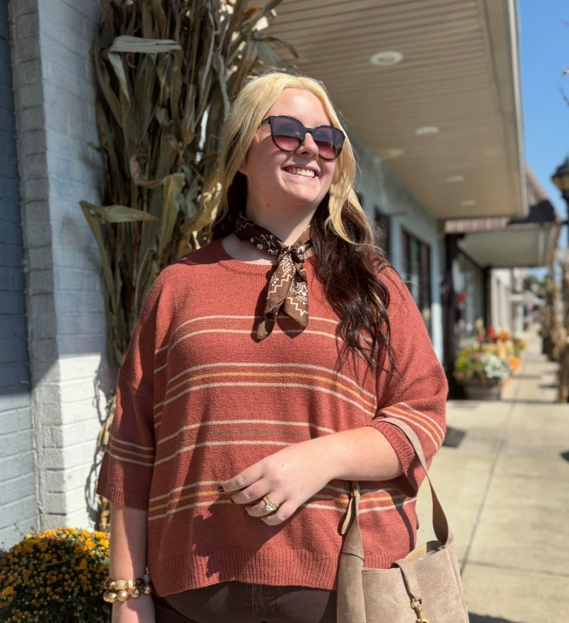 [PLUS] RUST OVER SIZED DROP SHOULDER STRIPED SWEATER
