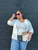 Puckered Long Sleeve Button Down Blouse: White