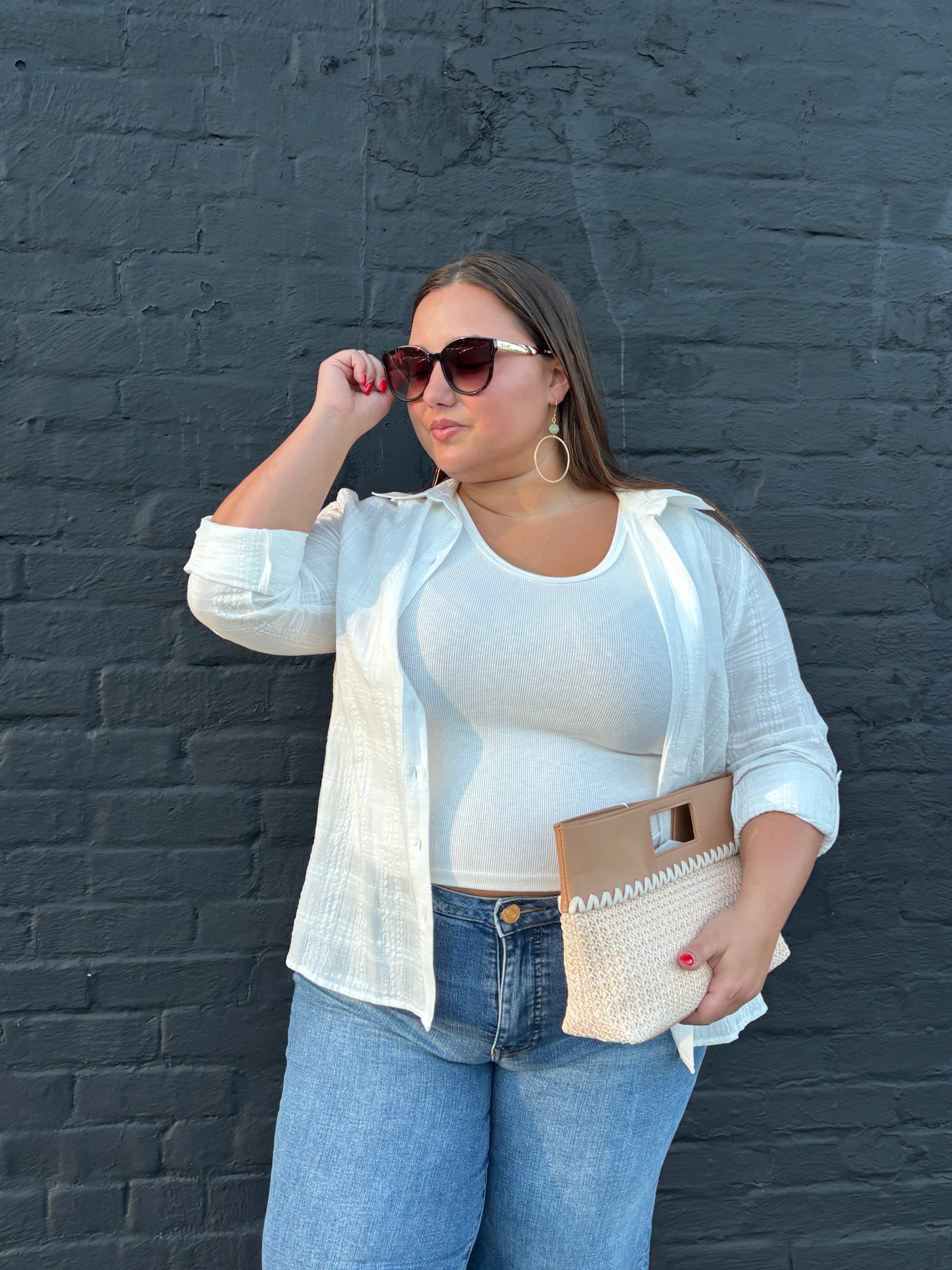 Puckered Long Sleeve Button Down Blouse: White
