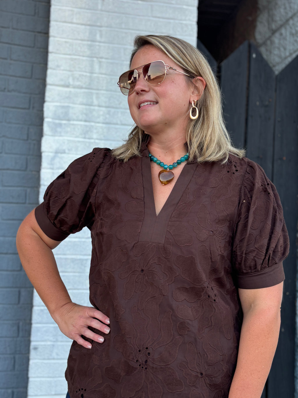 BROWN Elsie Eyelet Top