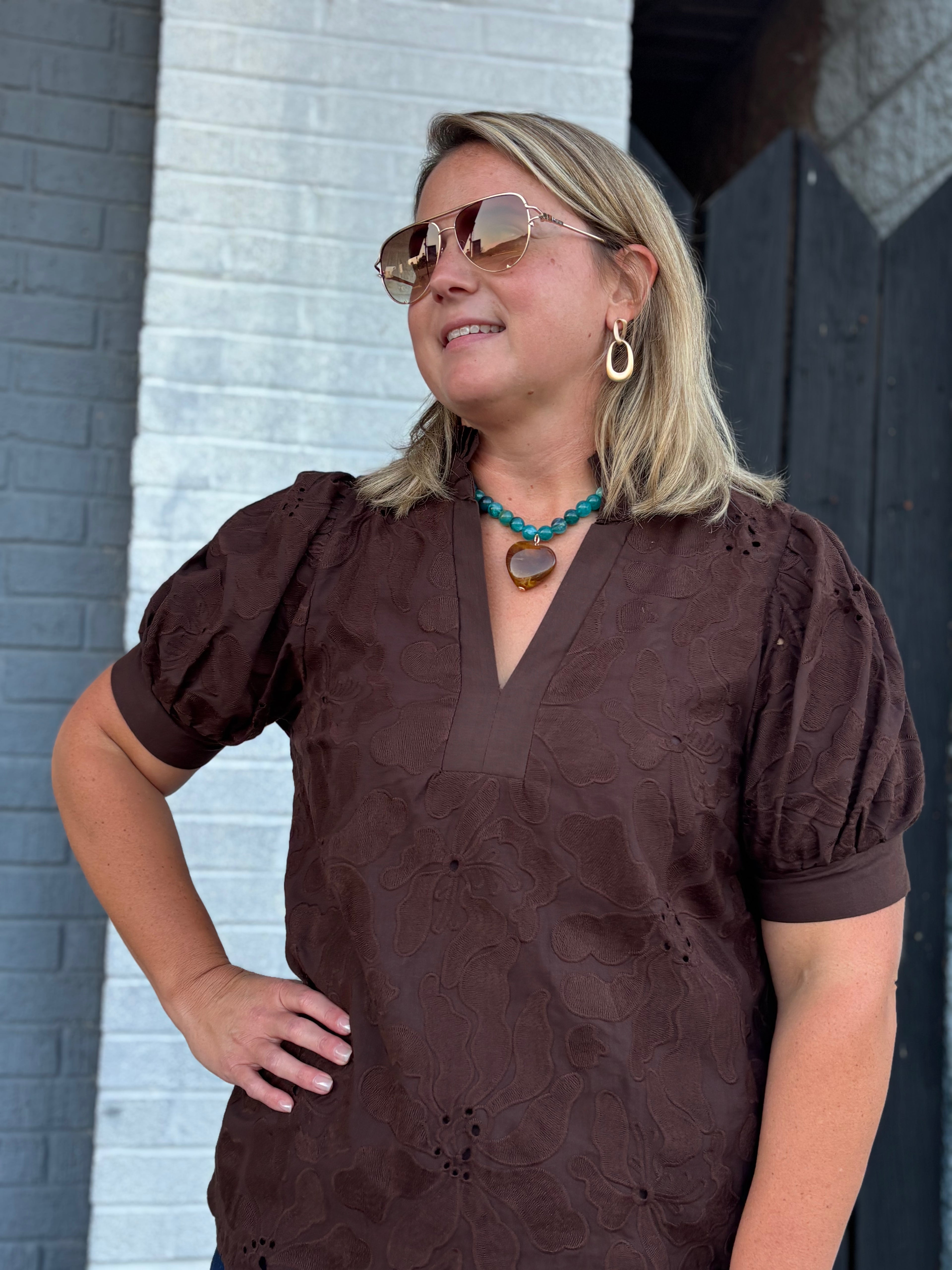 BROWN Elsie Eyelet Top