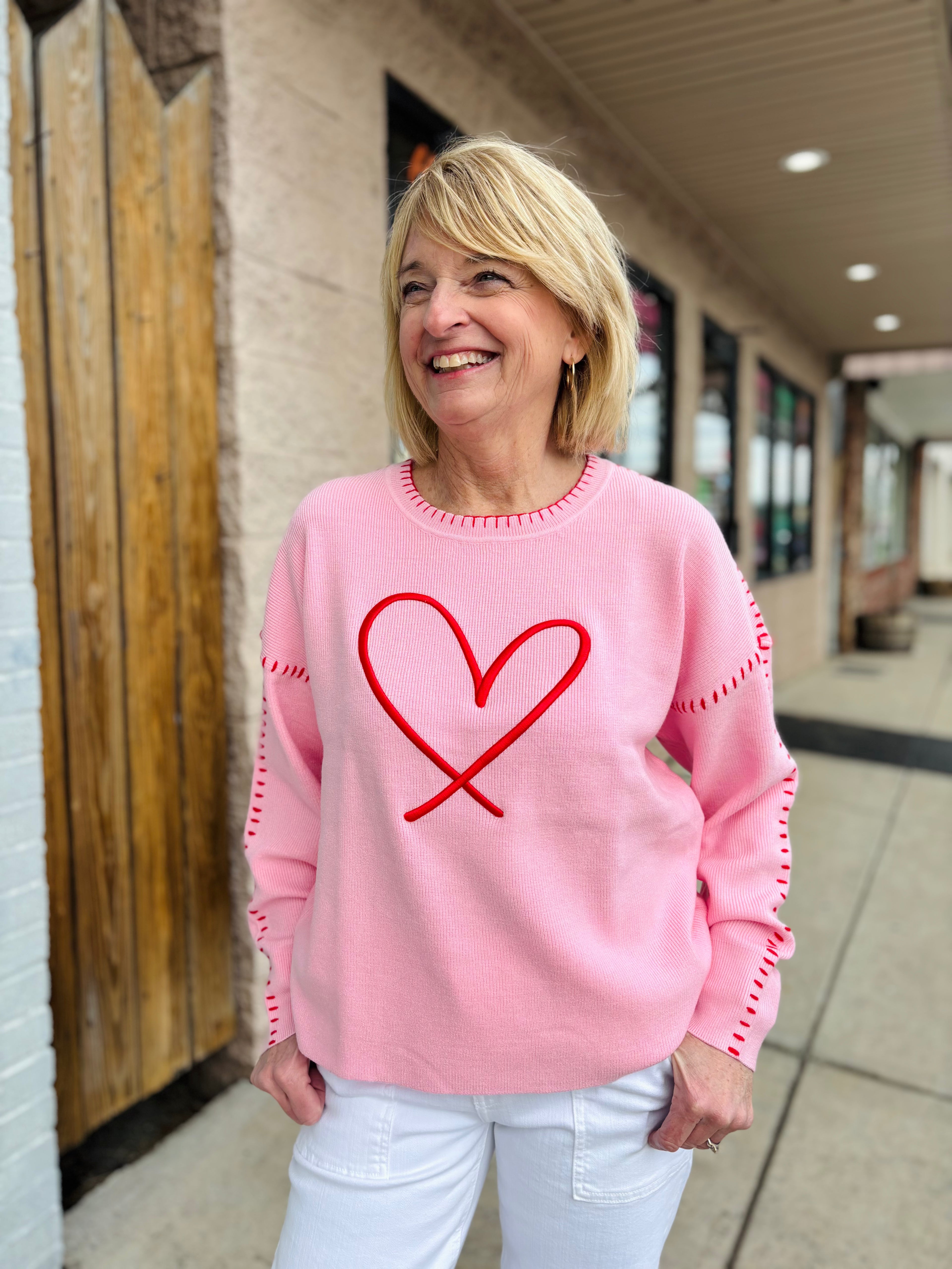 PINK RED HEART EMBROIDERED SWEATER