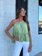 Green One Shoulder Ruffled Babydoll Tank Top