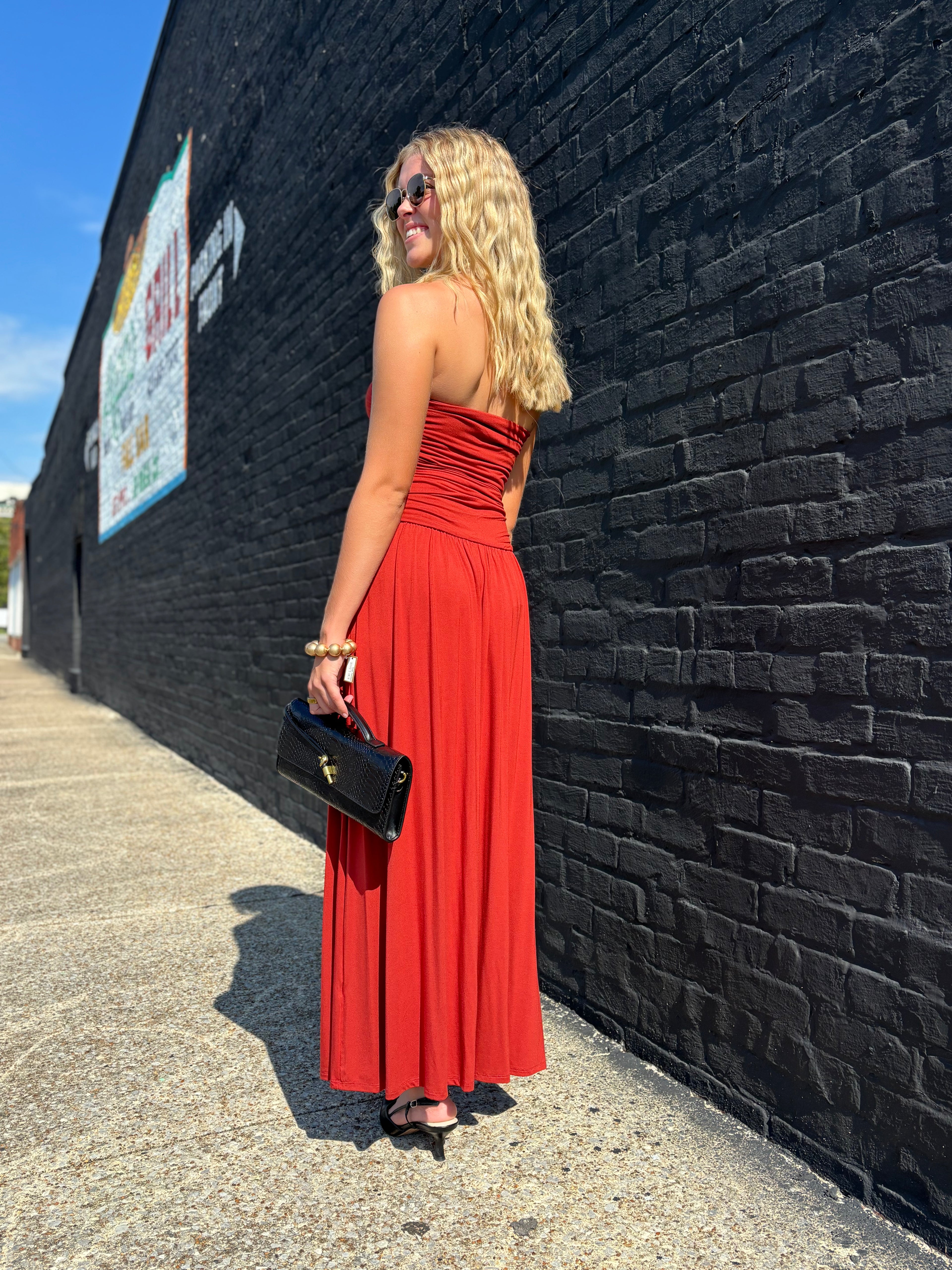 BRICK Strapless Ruched Maxi Dress