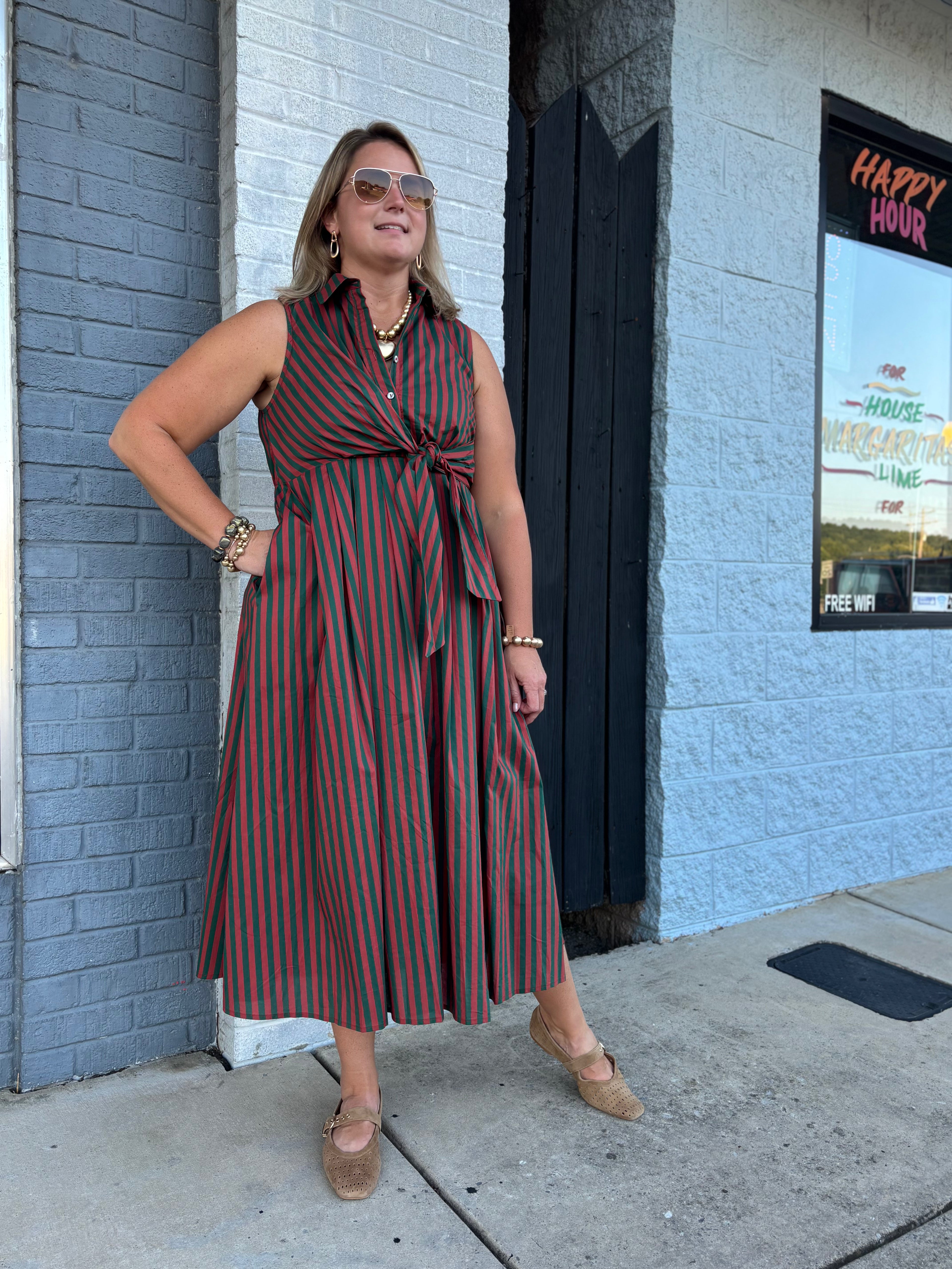 Hunter Green/Rust Striped Sleeveless Dress – ENTRO