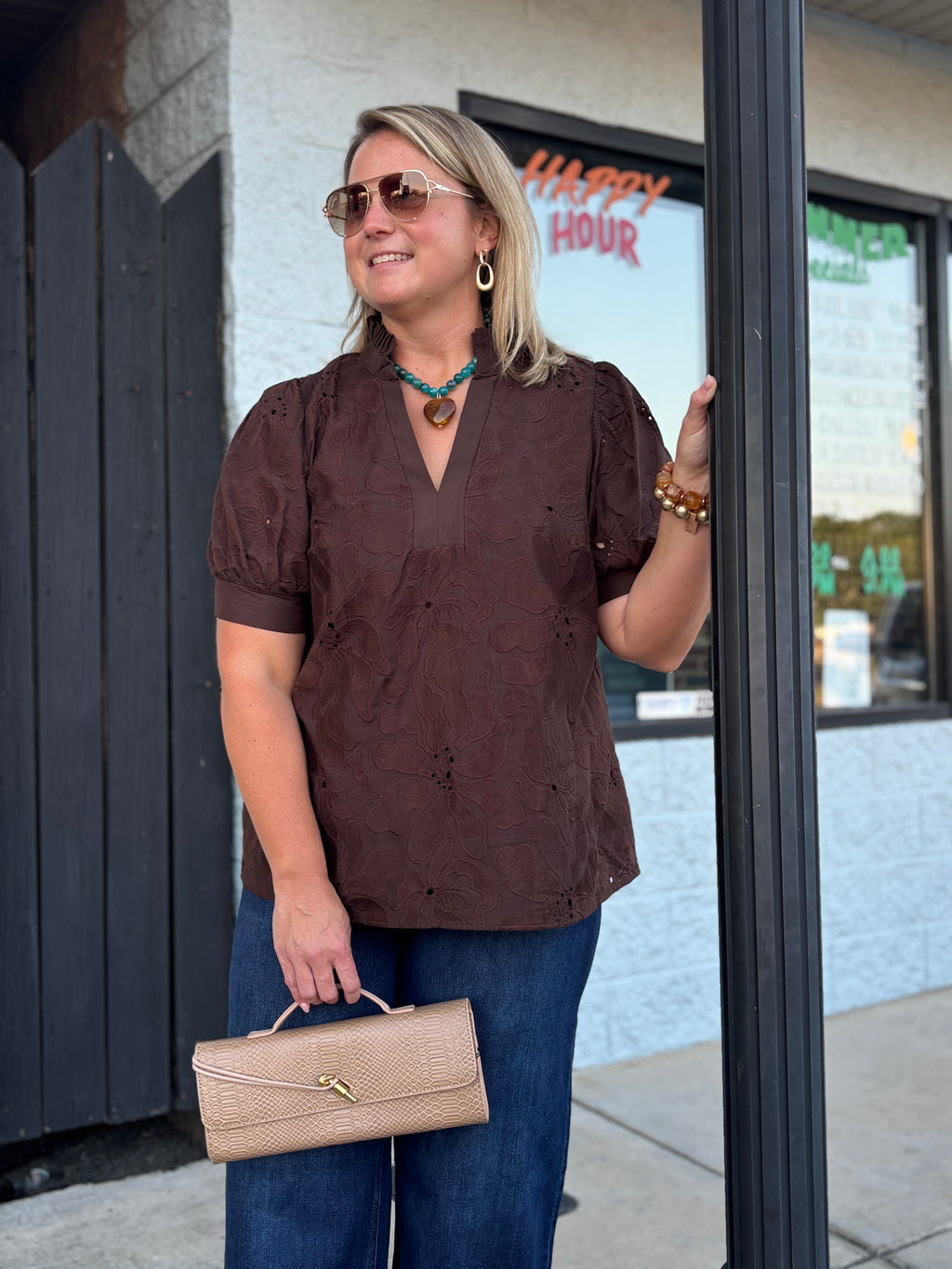BROWN Elsie Eyelet Top