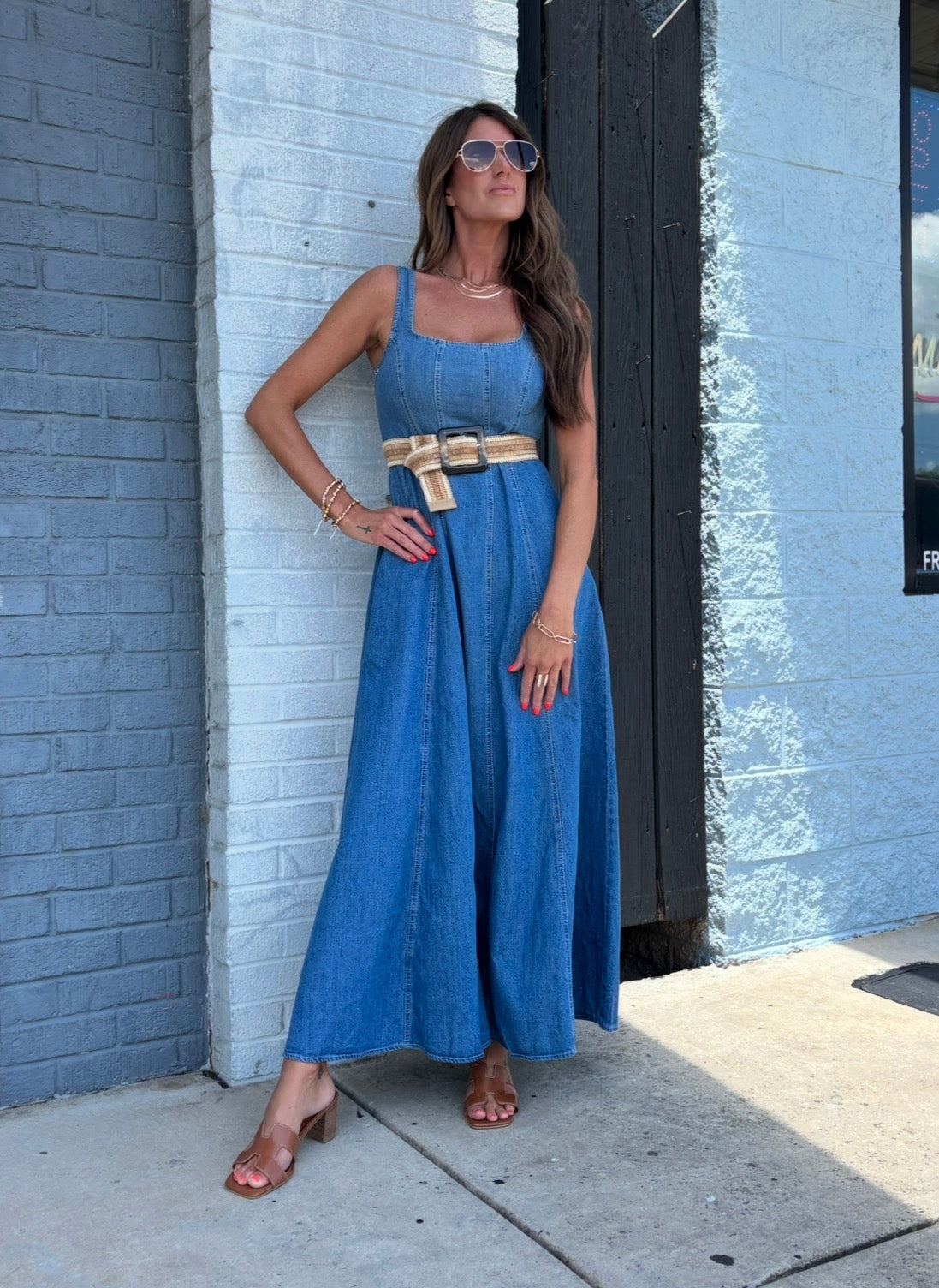 A-Line Denim Sleeveless Maxi Dress
