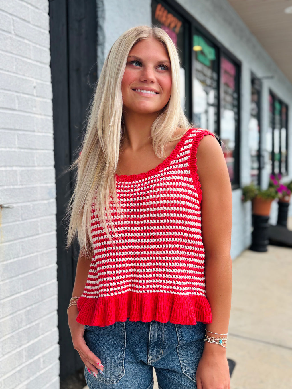 Red Ruffle Hem Stripe Sleeveless Knit Sweater Top