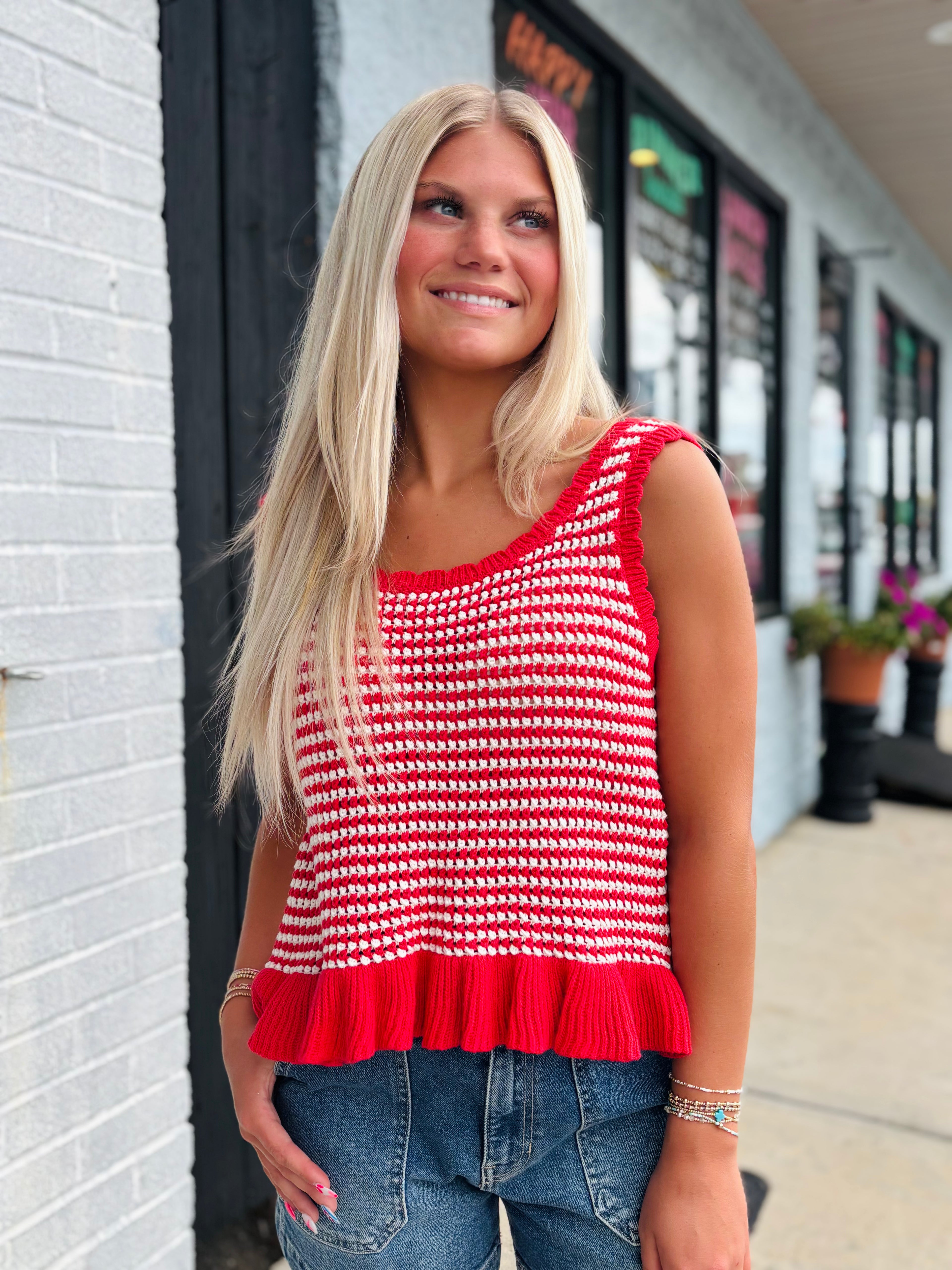 Red Ruffle Hem Stripe Sleeveless Knit Sweater Top