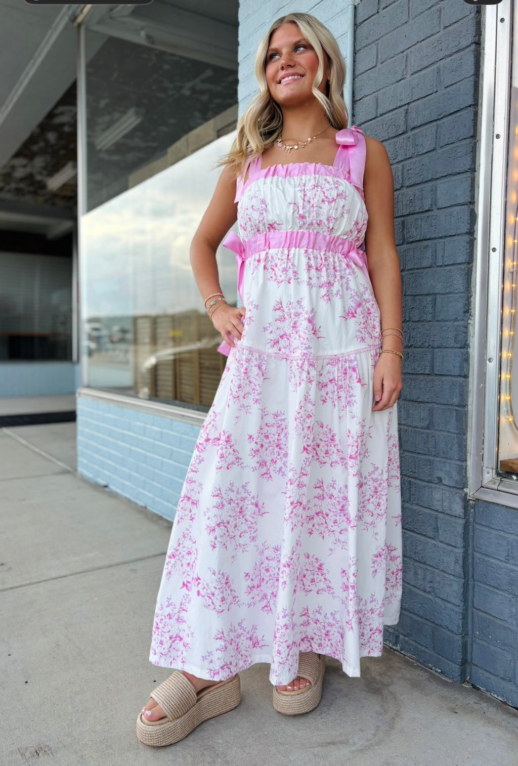 Floral Toile Ribbon Strap Maxi Dress