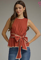 BRICK SLEEVELESS BOW DETAIL TIE WAIST TOP