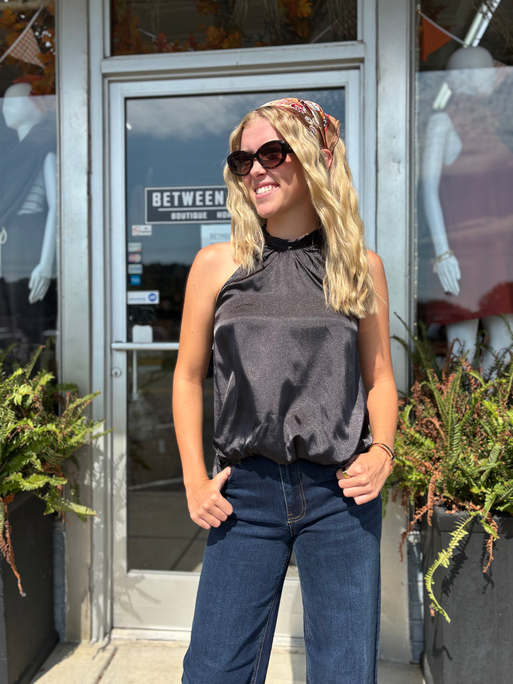 BLACK Satin High Neck Halter Blouse