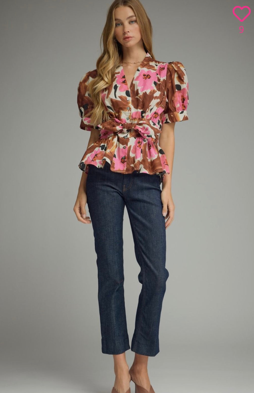 BROWN/PINK FLORAL PEPLUM TOP – ENTRO – view 2