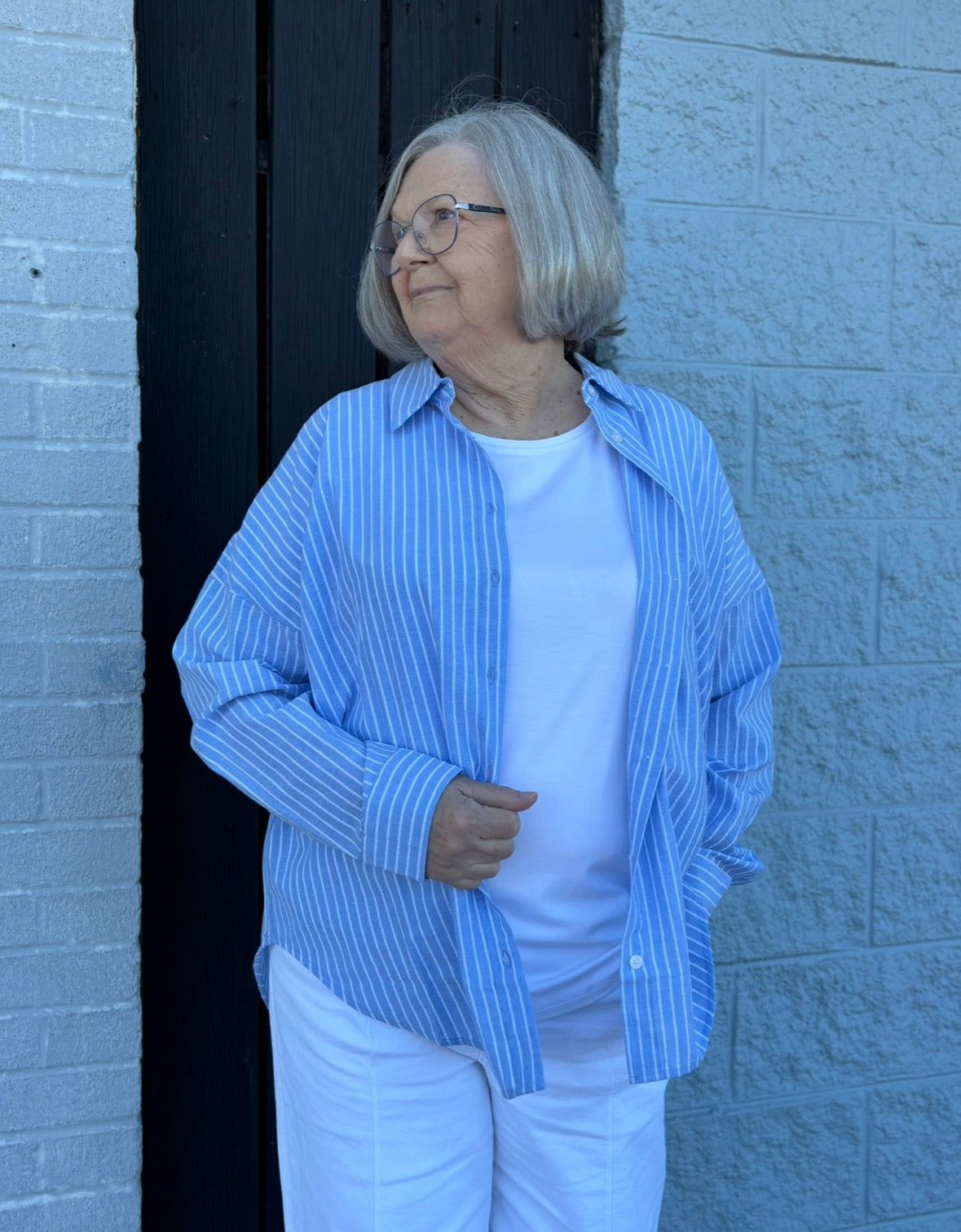 DENIM BLUE WHITE STRIPE BUTTON DOWN BLOUSE