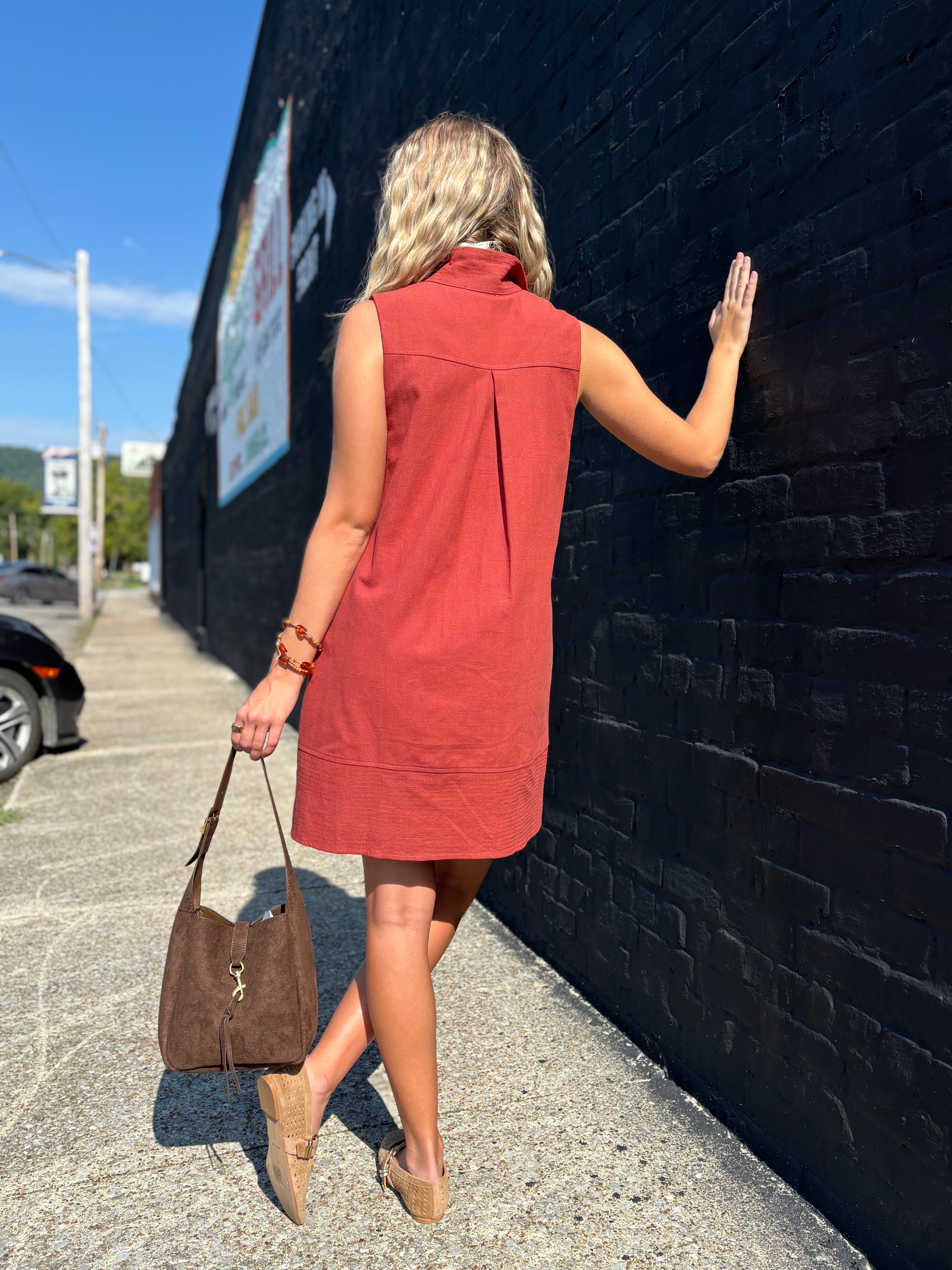 Terracotta sleeveless shift dress