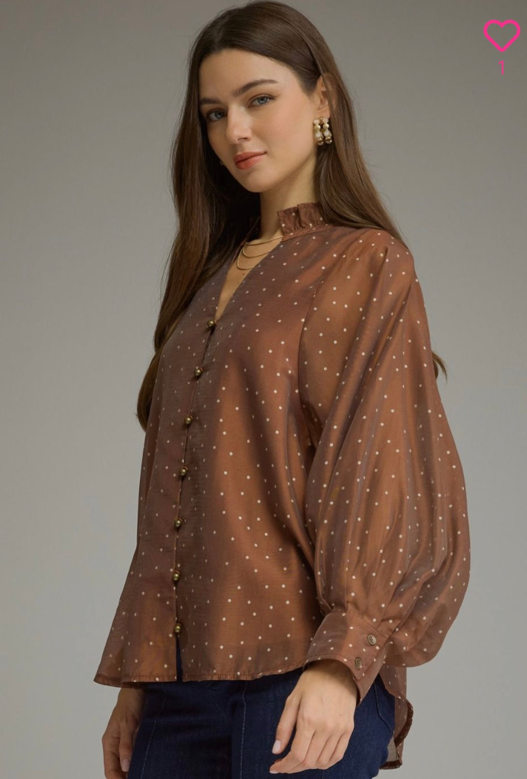 BRONZE POLKA DOT TOP w/button details and sheer arm