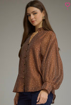 BRONZE POLKA DOT TOP w/button details and sheer arm