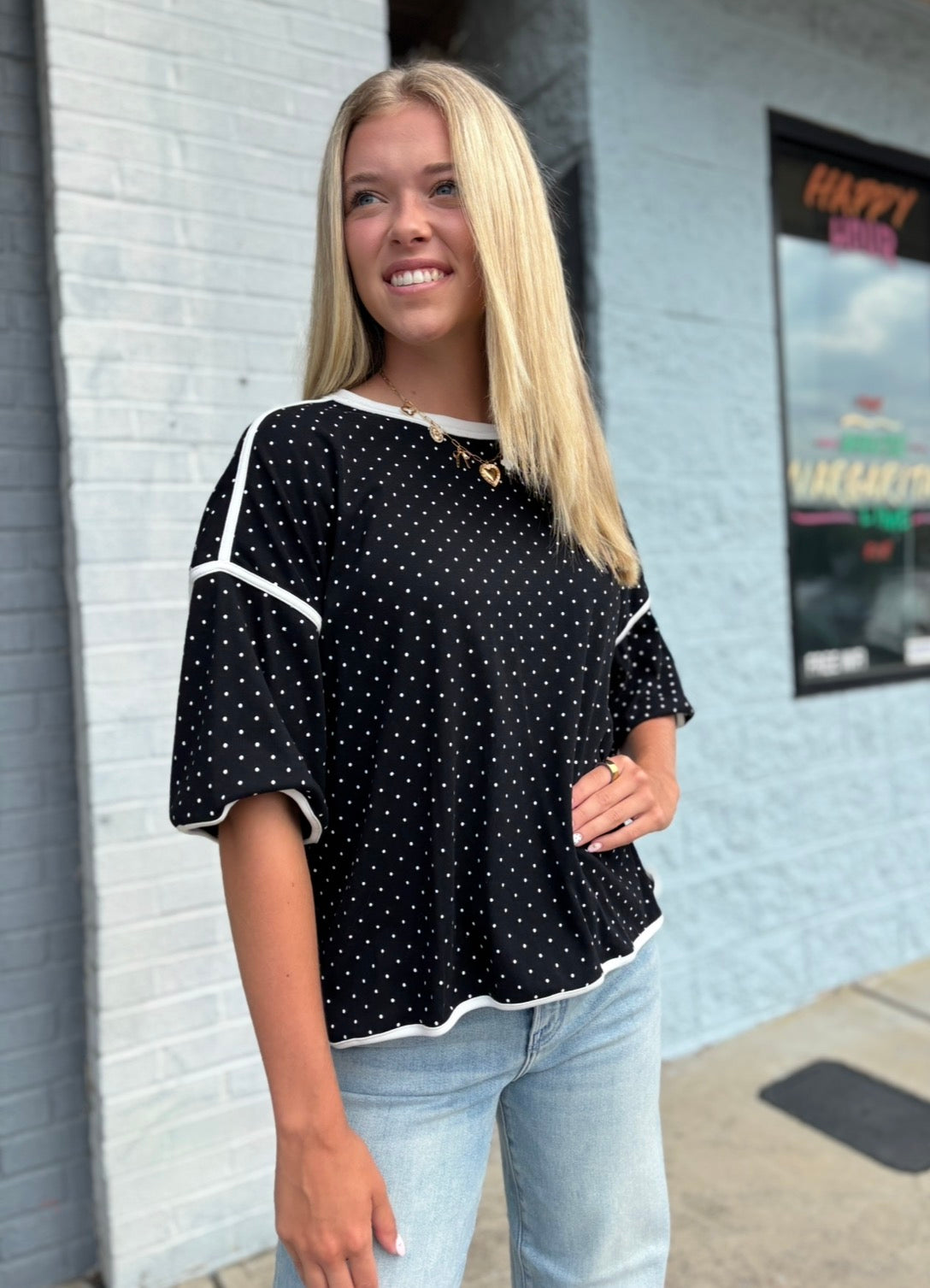 BLACK Polka Dot Contrast Trim ToP