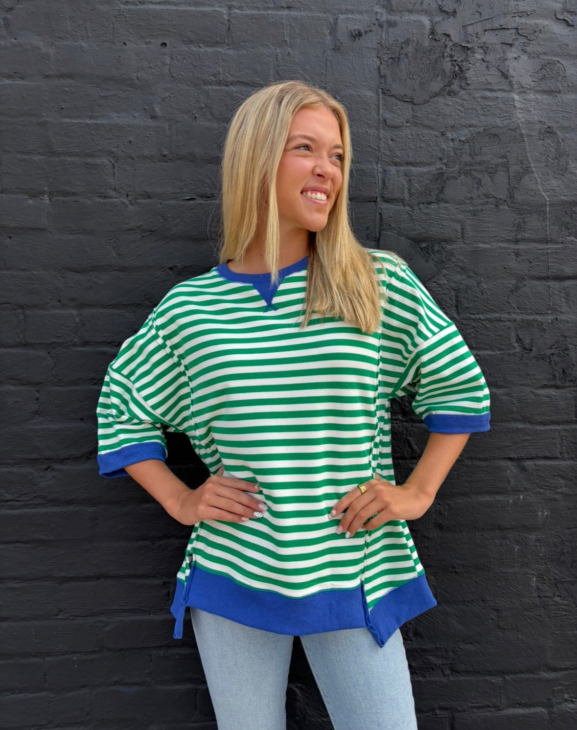 Kelly Green/Cream Oversized Stripe Casual Knit Top