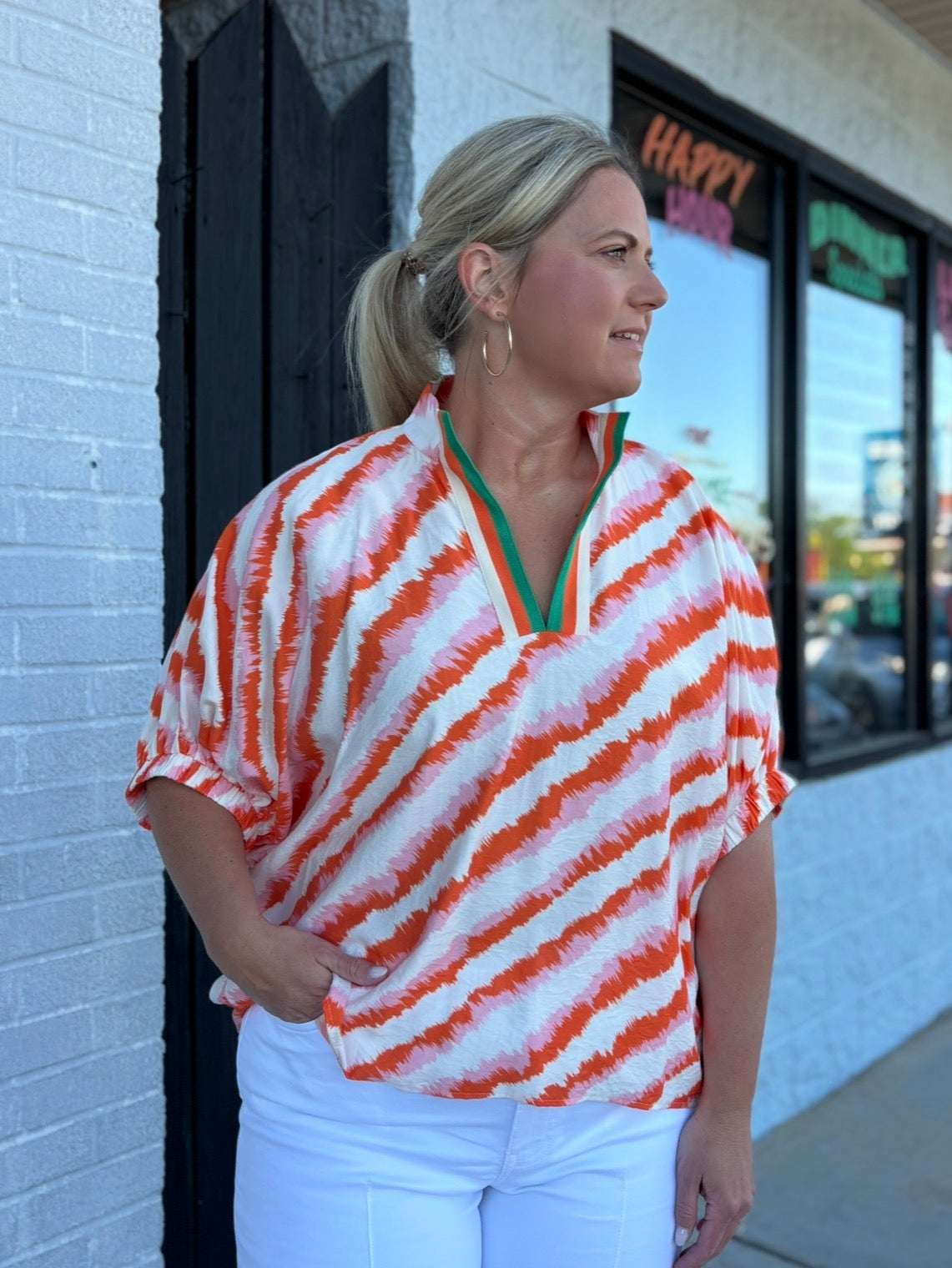 Orange/White Stripe Blouse W/Green Accent