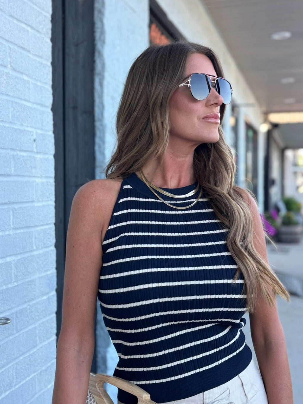 NAVY/IVORY STRIPE RIB KNIT TANK TOP