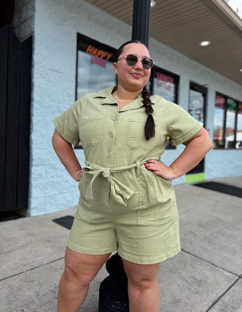SWEET PEA Plus Size Washed Short Sleeve Utility Romper