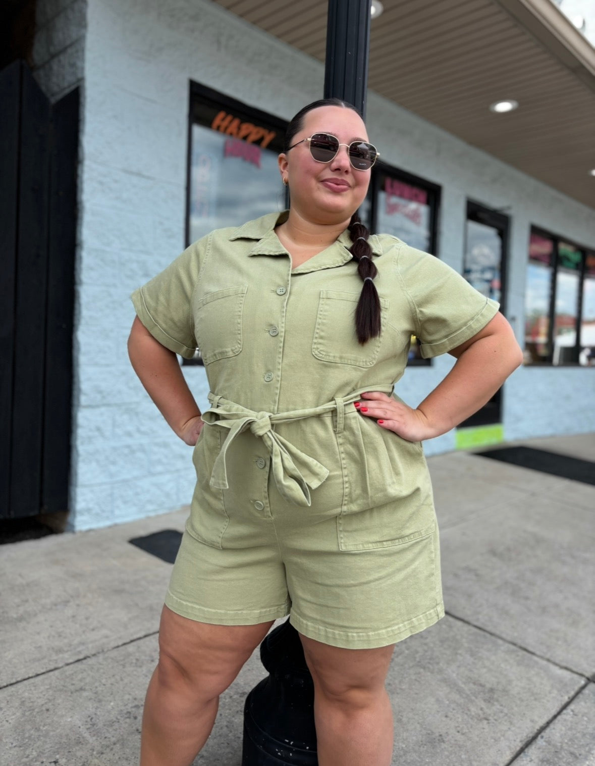 SWEET PEA Plus Size Washed Short Sleeve Utility Romper