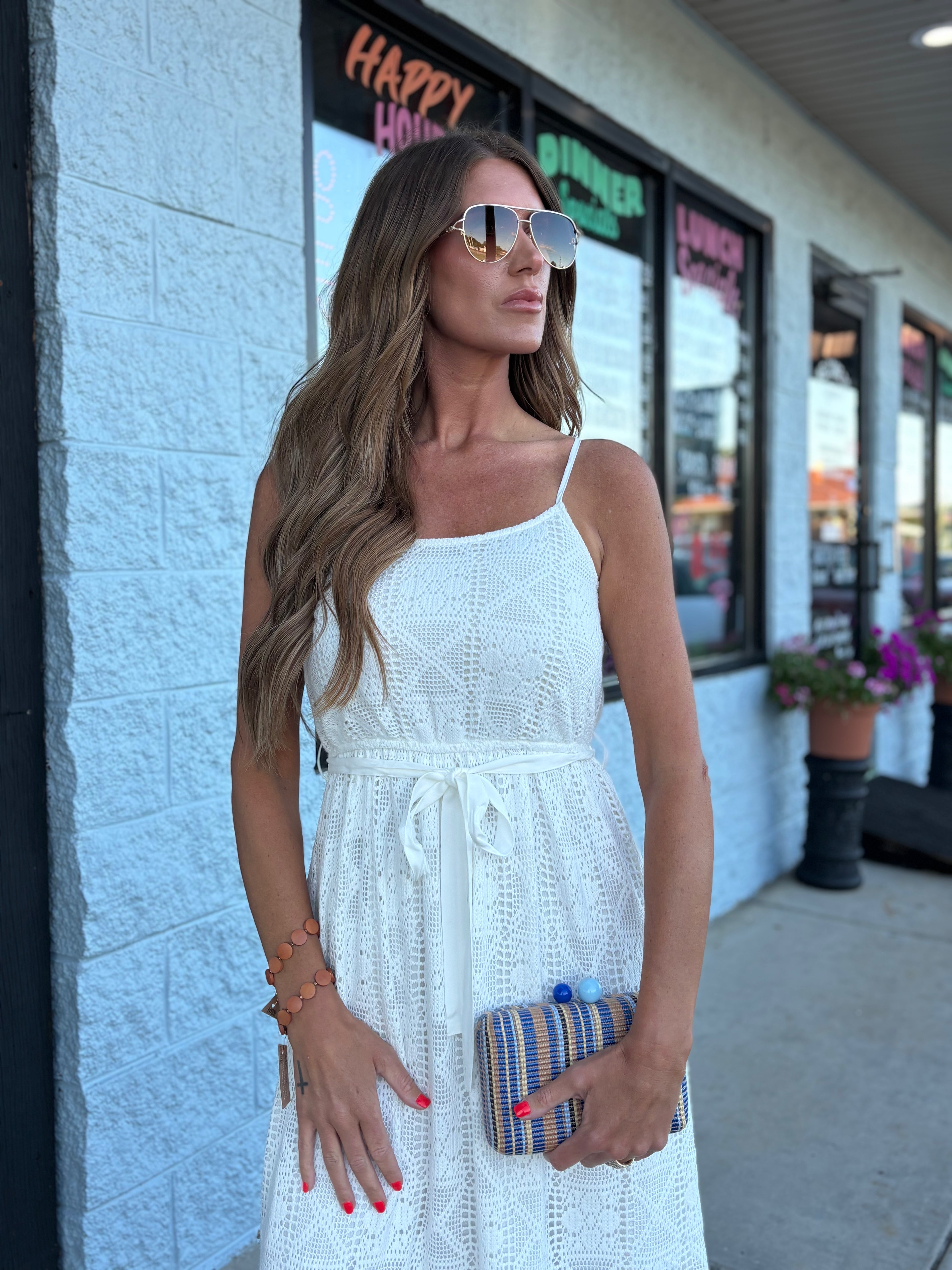 Spaghetti Strap Tiered Maxi Dress with Waist Tie: WhitE