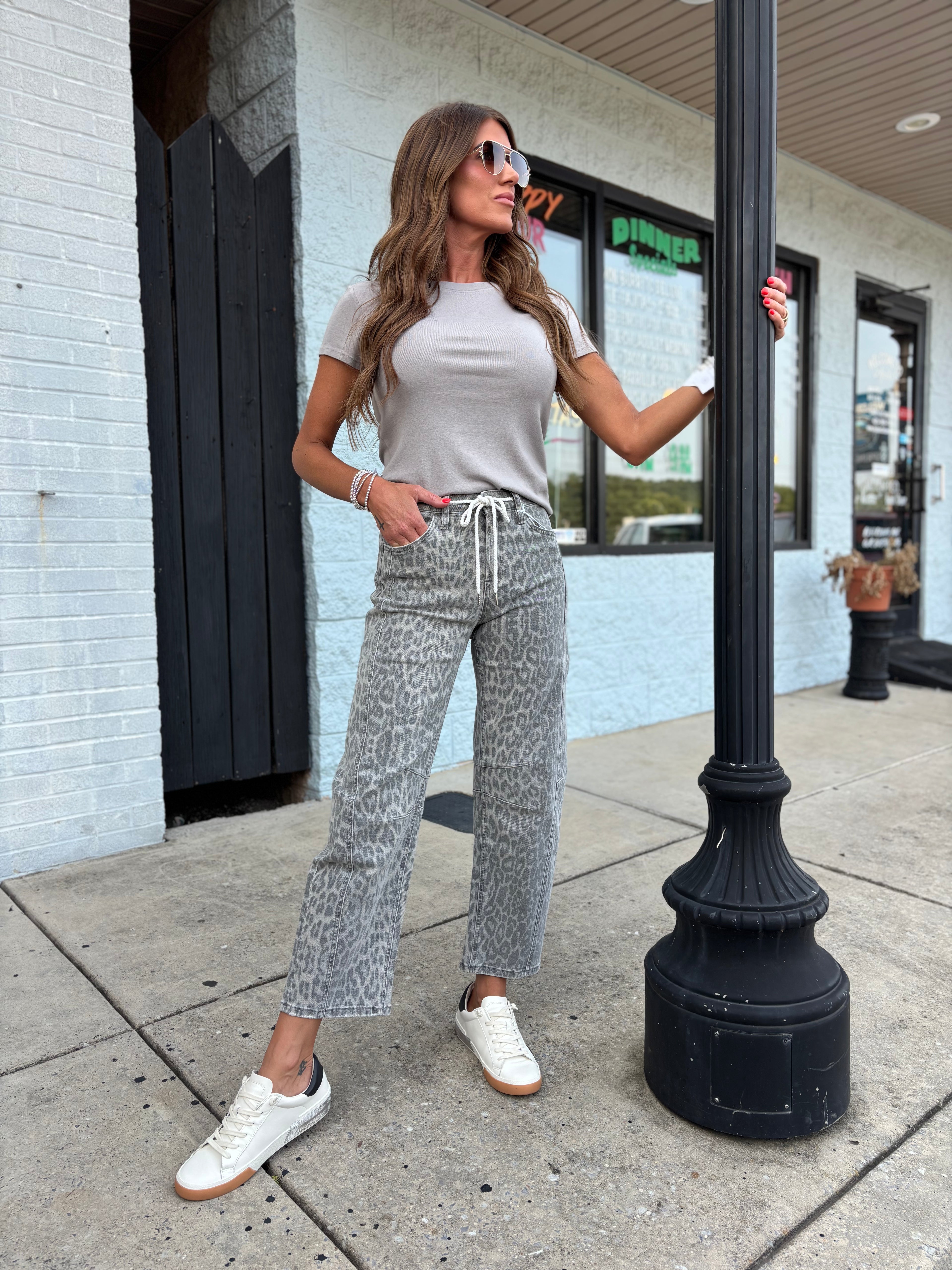 High Rise Drawstring Grey Leopard Barrel Jeans