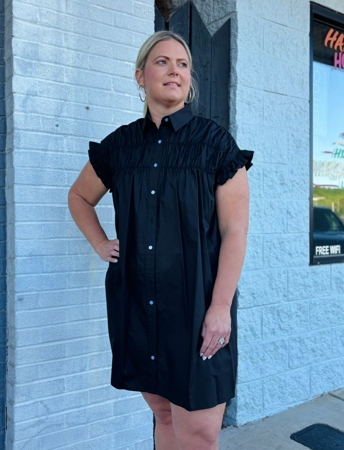 Black Woven Dress w/Smocking