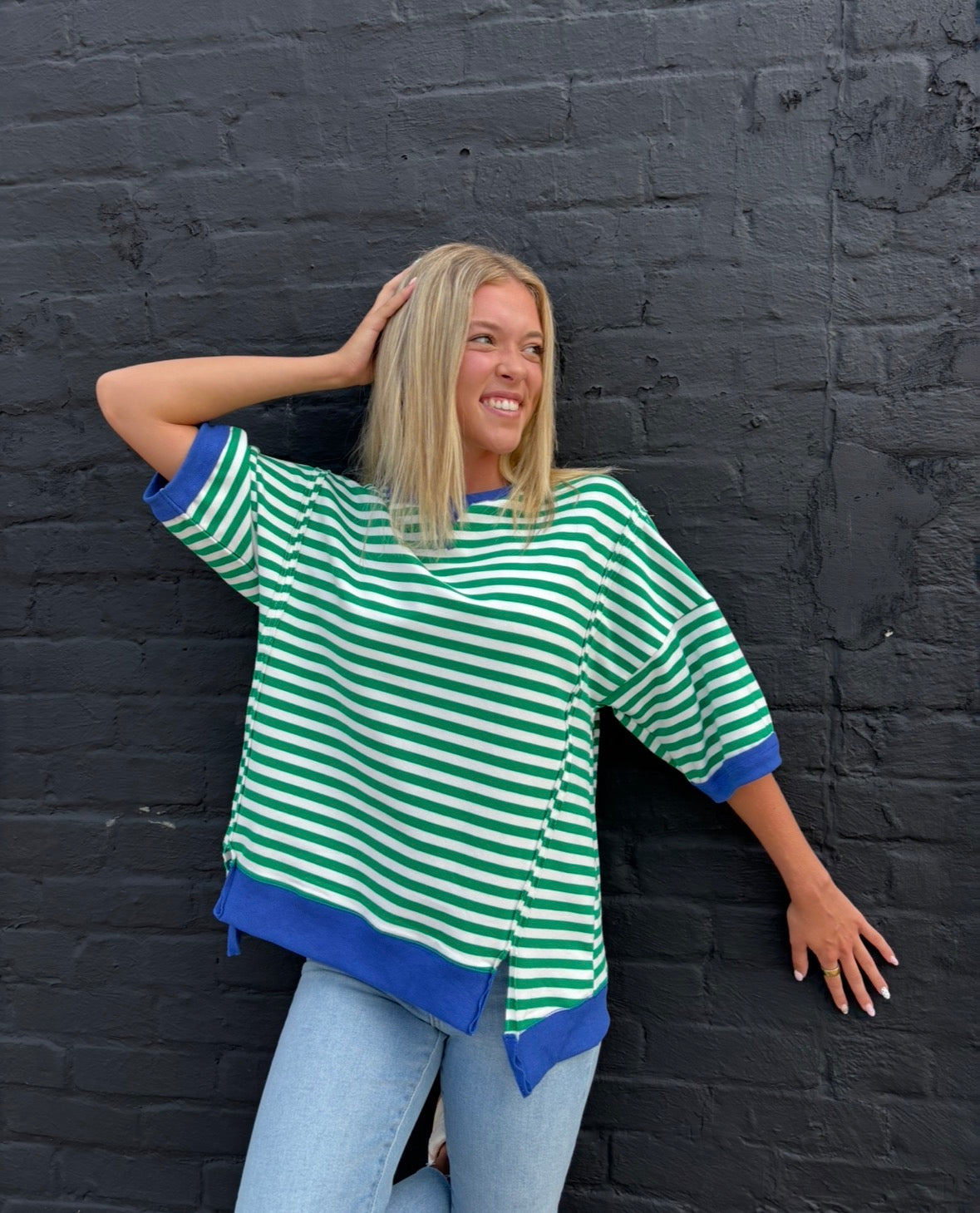 Kelly Green/Cream Oversized Stripe Casual Knit Top