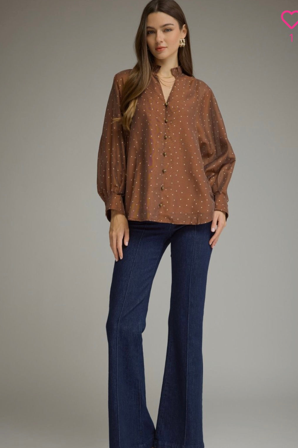 BRONZE POLKA DOT TOP w/button details and sheer arm