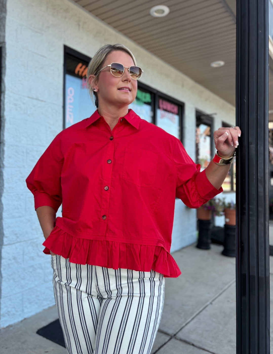 Red Ruffle Hem Button Front Poplin Top