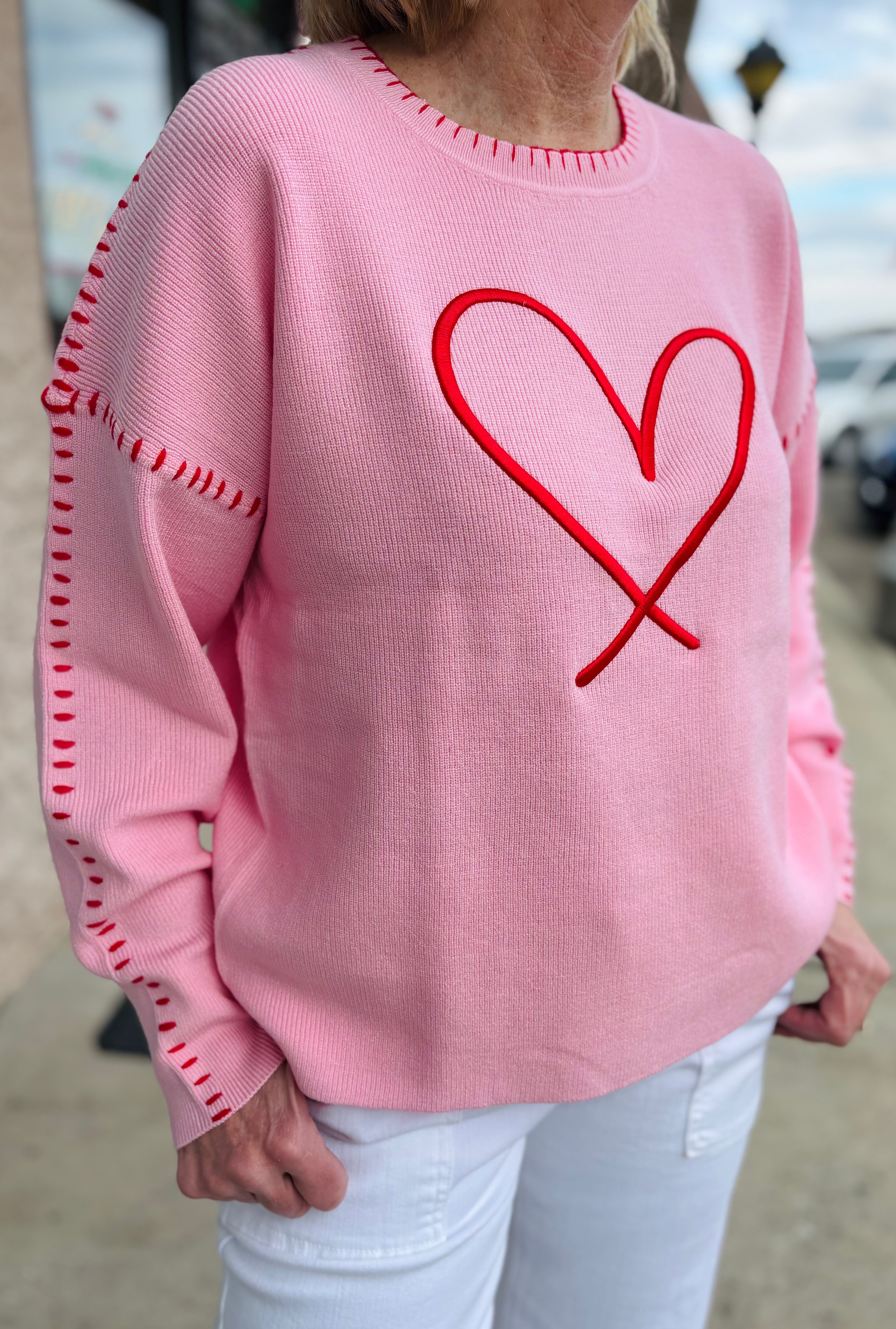 PINK RED HEART EMBROIDERED SWEATER