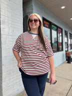 PLUS STRIPE COLORBLOCK DETAIL SHORT SLEEVE KNIT T-SHIRT : BURGUNDY MULTI
