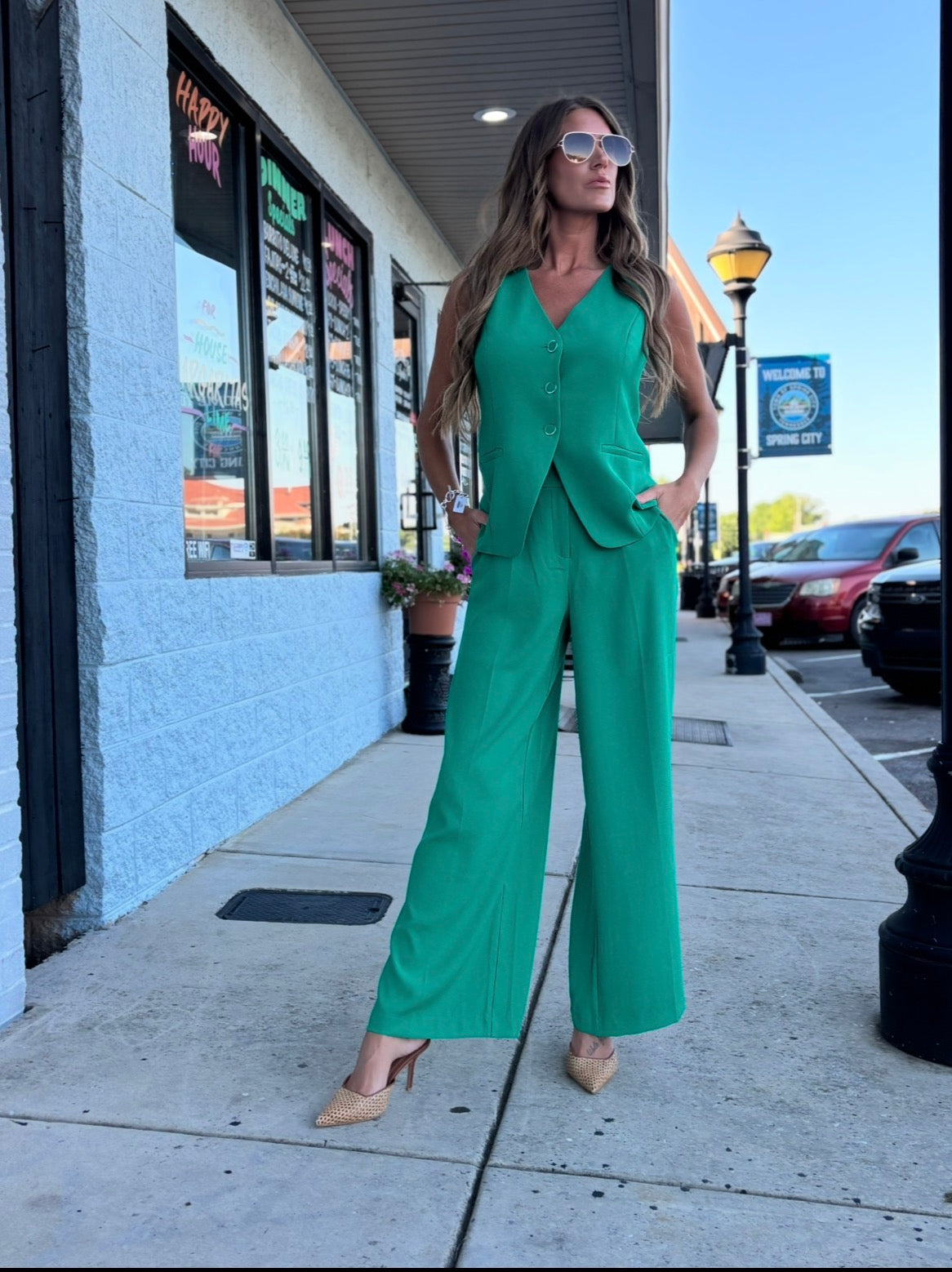 Kelly Green Recycled Polyester High-Waisted Trousers