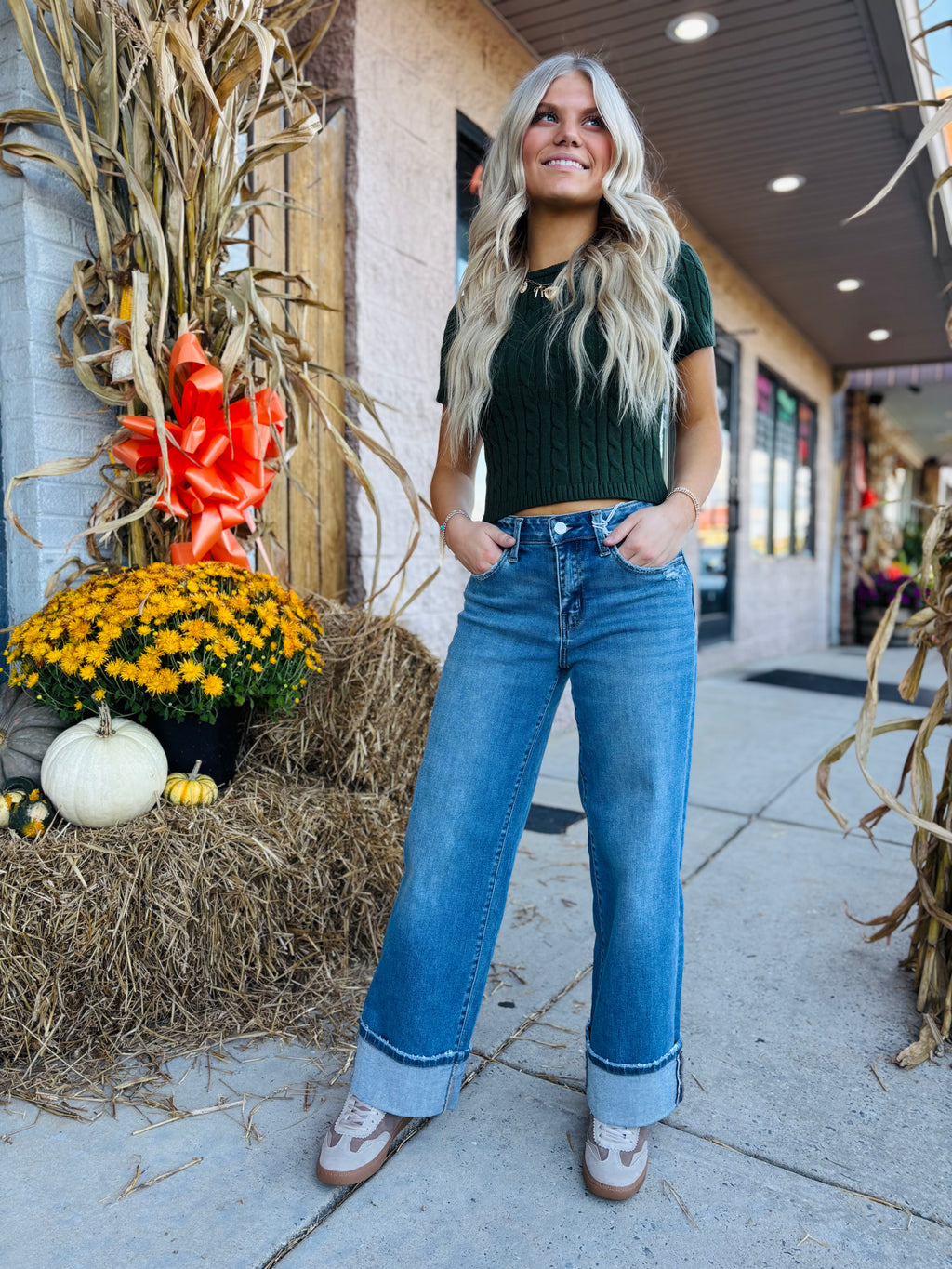 SHORT SLEEVE CABLE SWEATER TOP: DK GREEN / XS