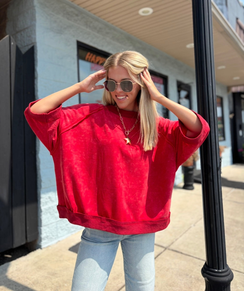 RED Mineral-Washed Oversized French Terry Top