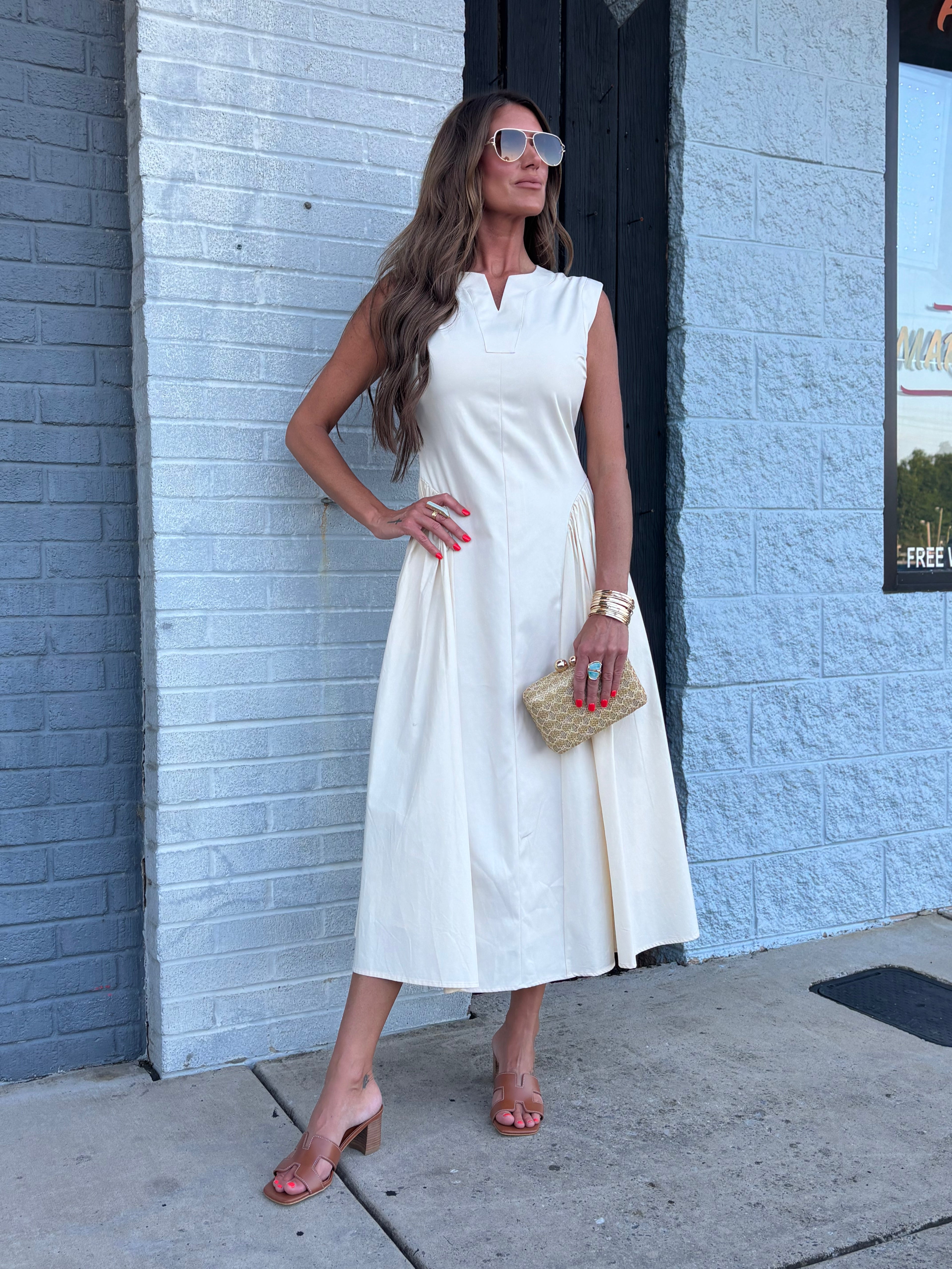 CREAM CLASSY PLEATED DRESS