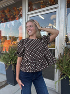BROWN/IVORY POLKA DOT BOW DETAIL SHORT SLEEVES PEPLUM TOP