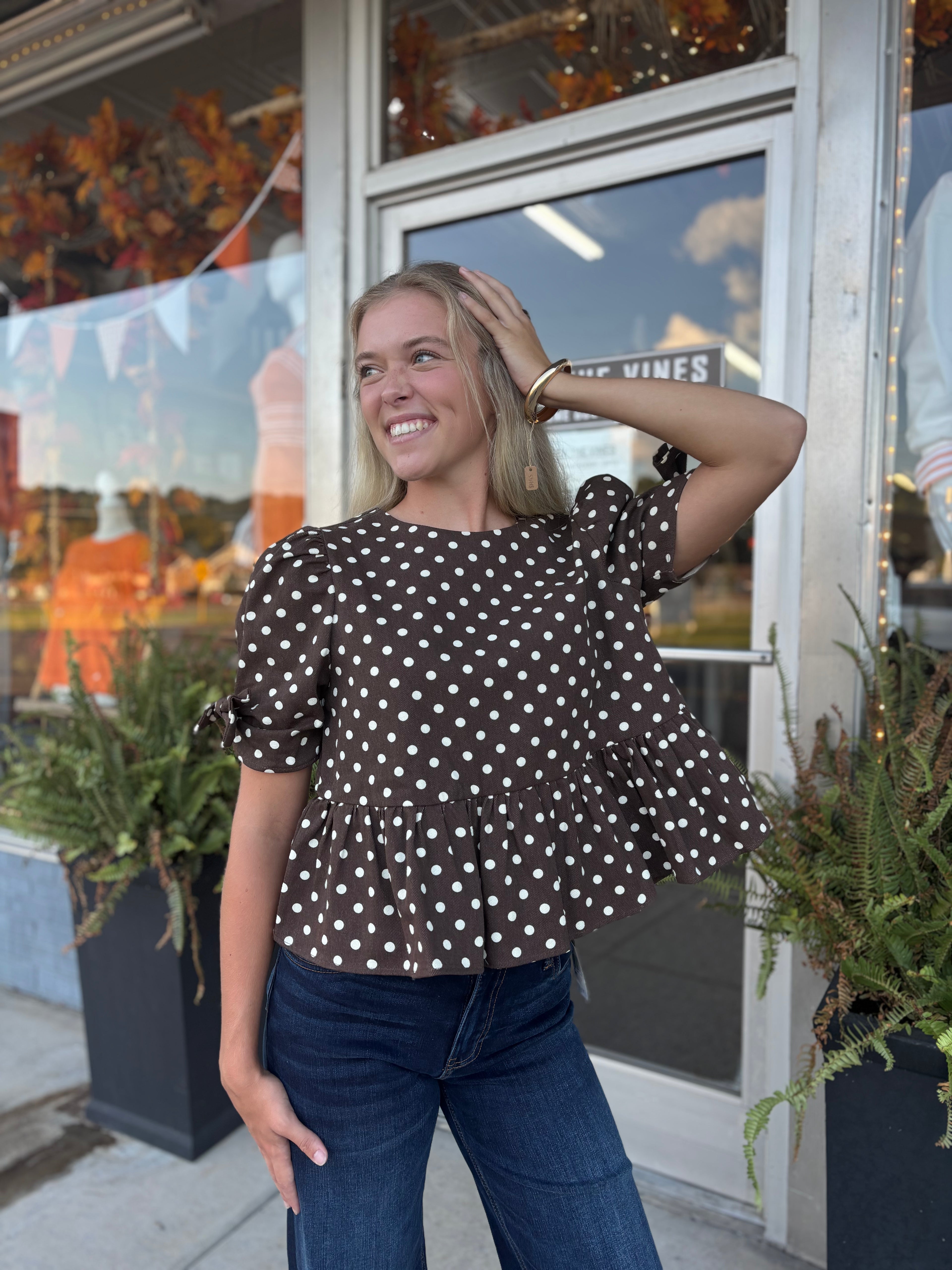 BROWN/IVORY POLKA DOT BOW DETAIL SHORT SLEEVES PEPLUM TOP