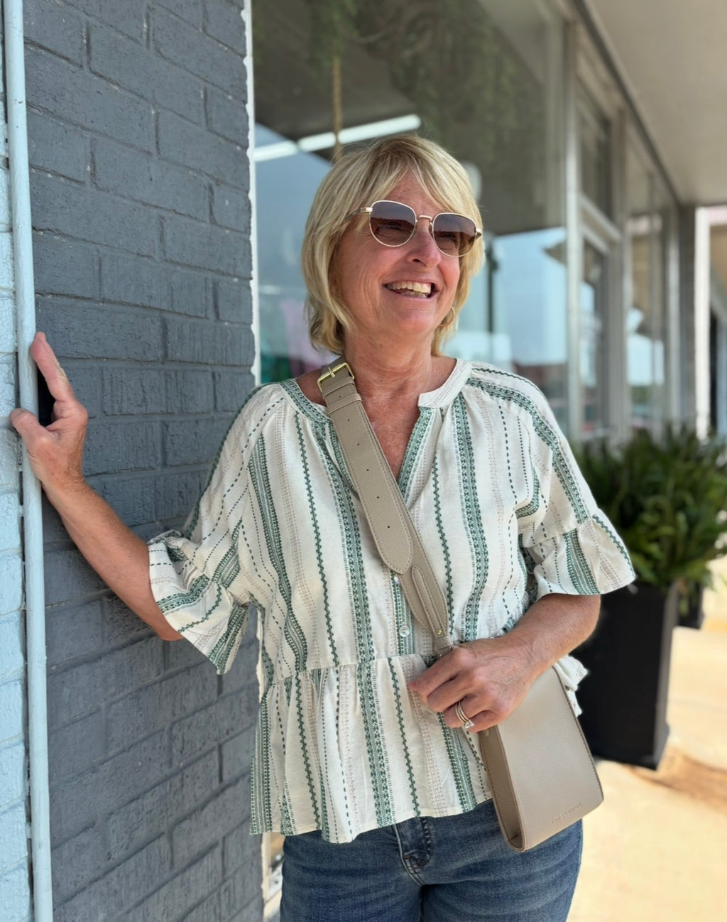 Green Striped Half Bell Sleeve Blouse Top