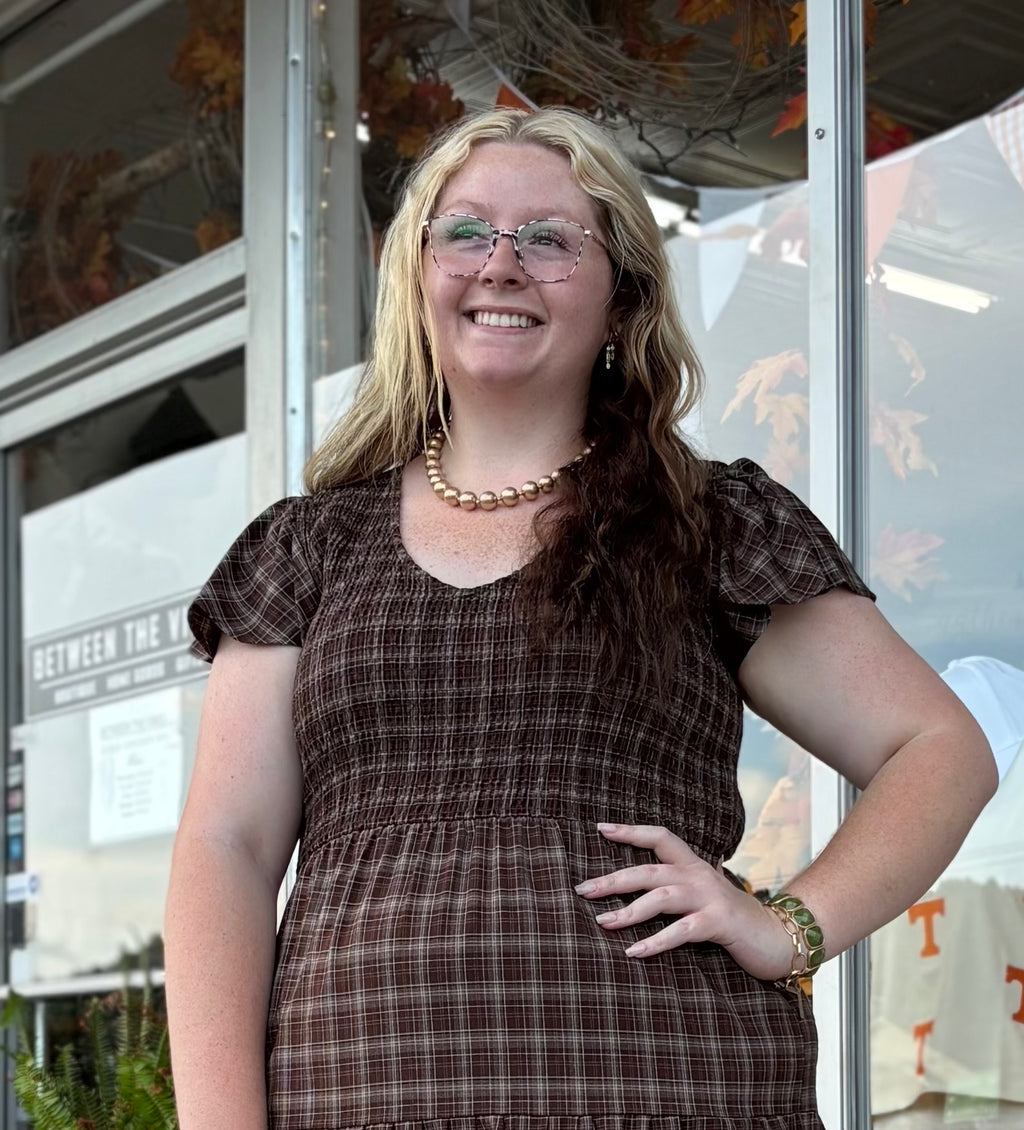 BROWN PLUS PLAID V NECK SMOCKED TIERED MIDI DRESS