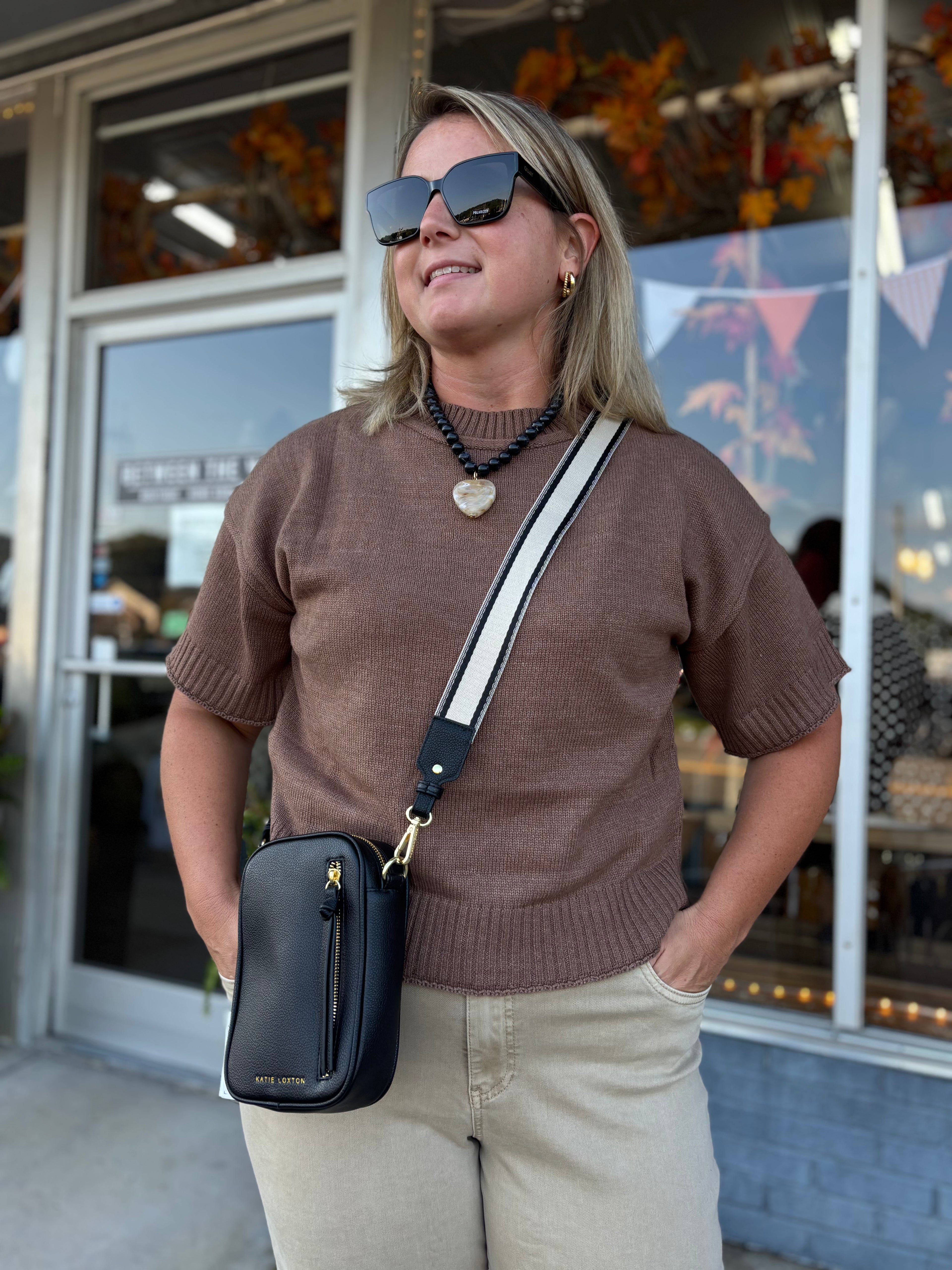 BROWN Reverse Seam Short Sleeve Sweater Top
