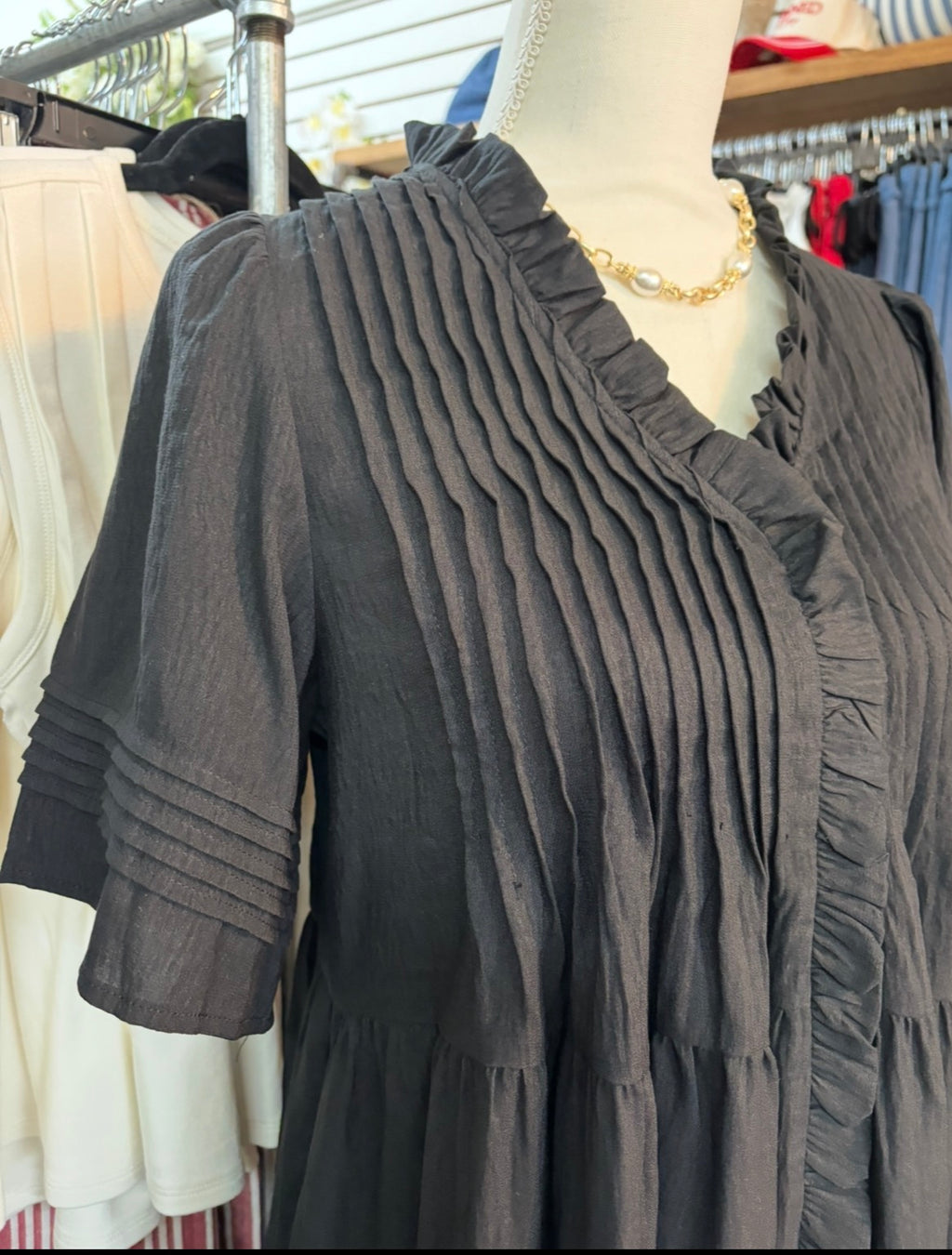 Black Pintuck Detail Mini Dress